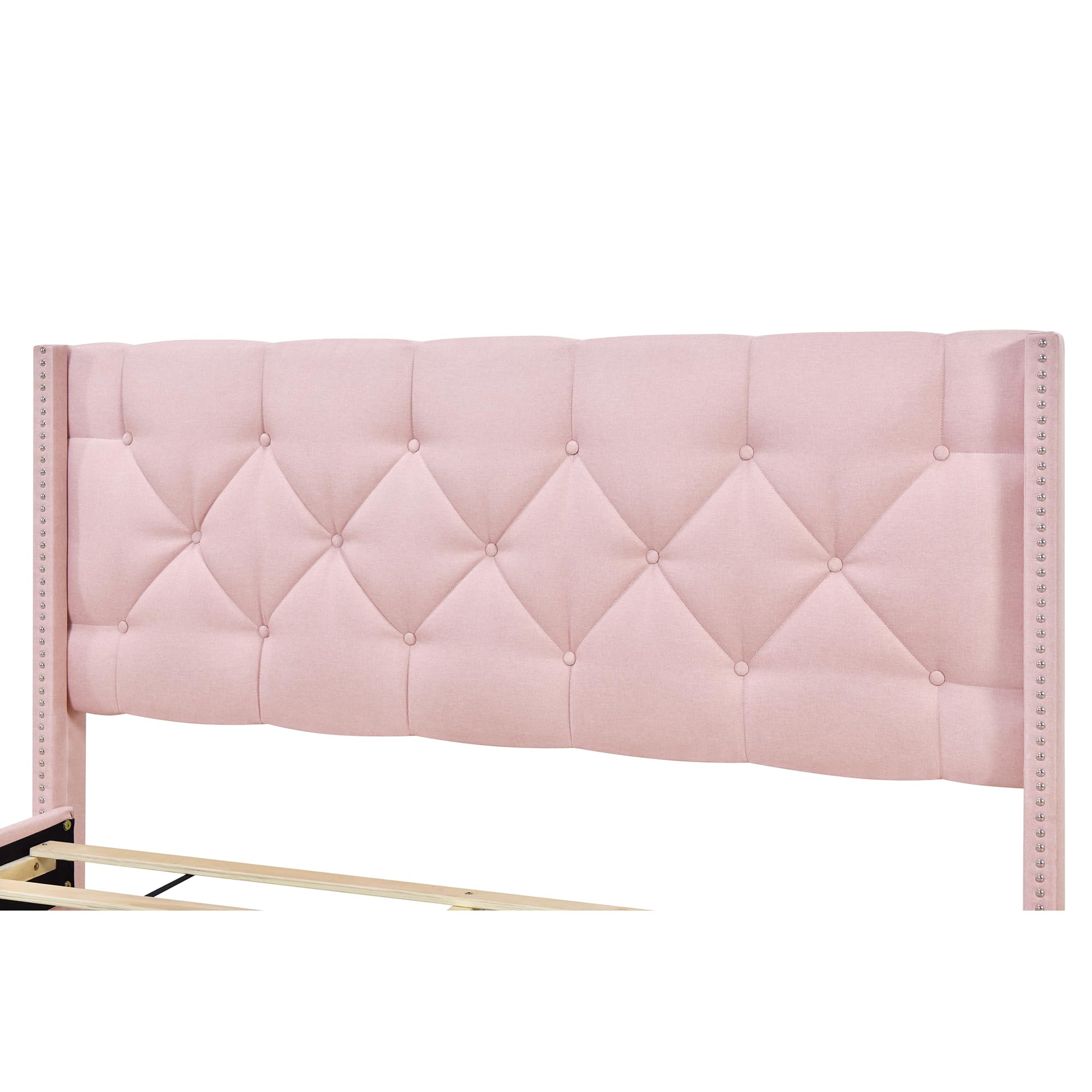 Merax Queen Size Linen Upholstered Platform Bed Frame with 2 Storage Drawers & Headboard - Pink Upholstered Bed for Teen Girls & Boys Bedroom | Modern Space-Saving Storage Solution for Small Rooms