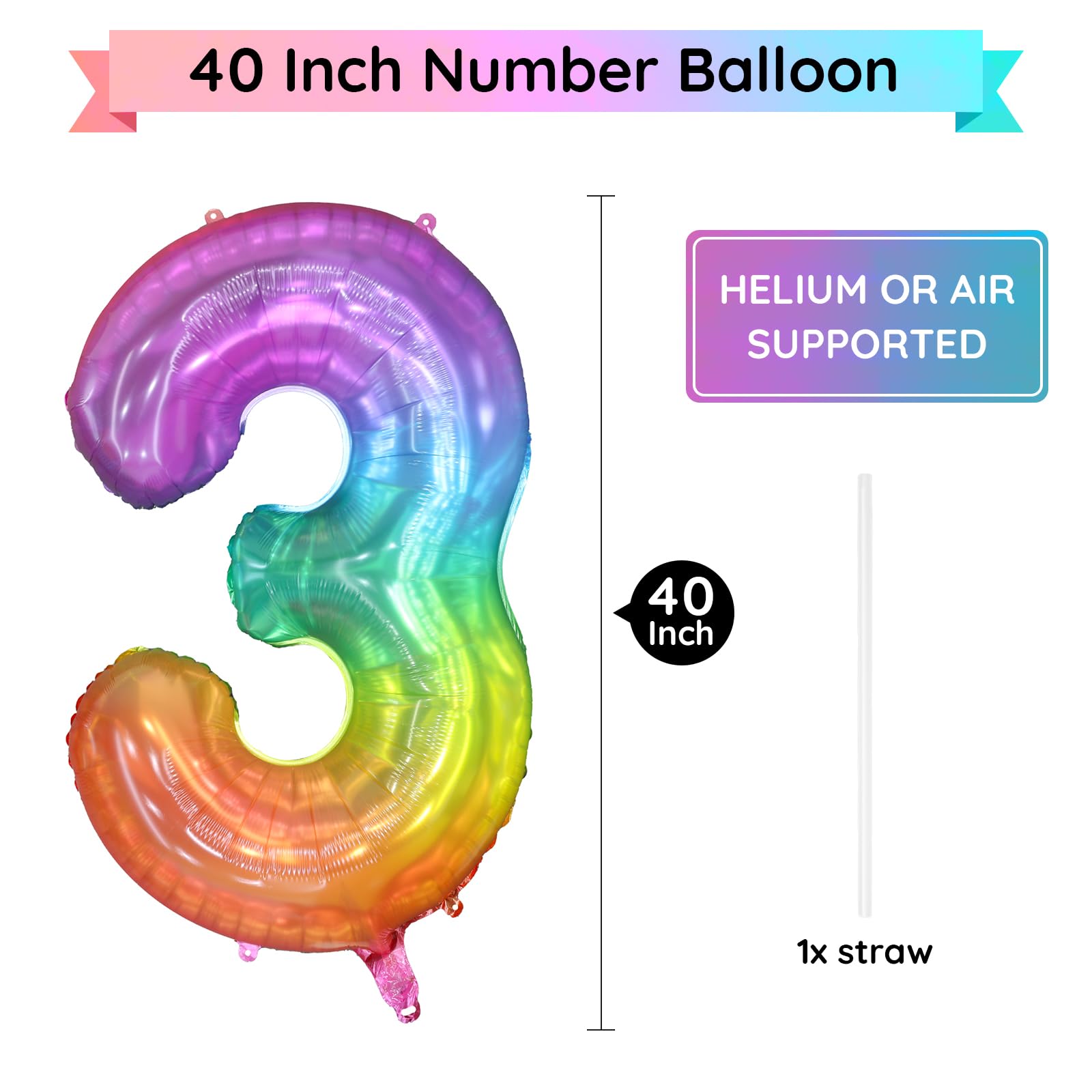 40 Inch Rainbow Number 3 Foil Balloon - Large Mylar Balloons for Birthday Party Decorations, Wedding Anniversary, Baby Shower & Special Events - Perfect for Girls, Boys, Party Backdrops & Photo Booth Props