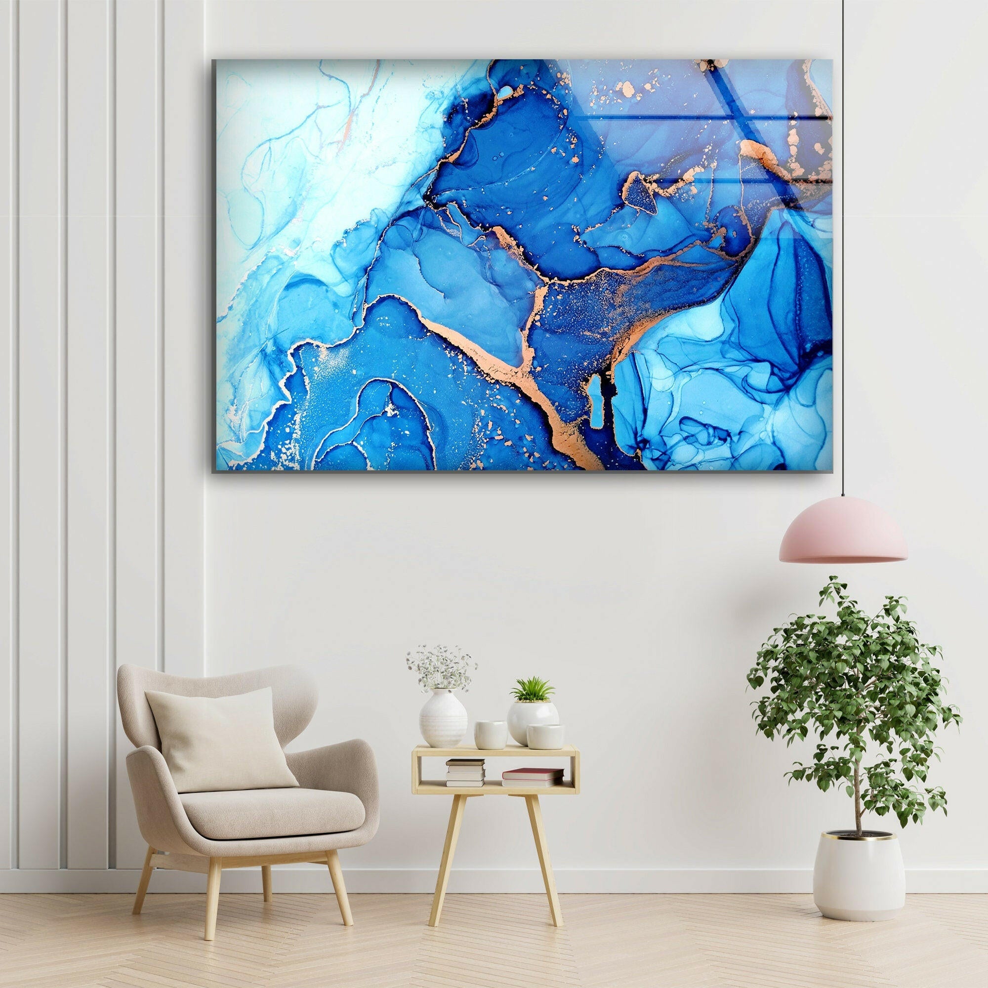 Blue Abstract Liquid Ink Art Glass Wall Decor - Modern Home & Office Decoration for Living Room, Bedroom, or Workspace