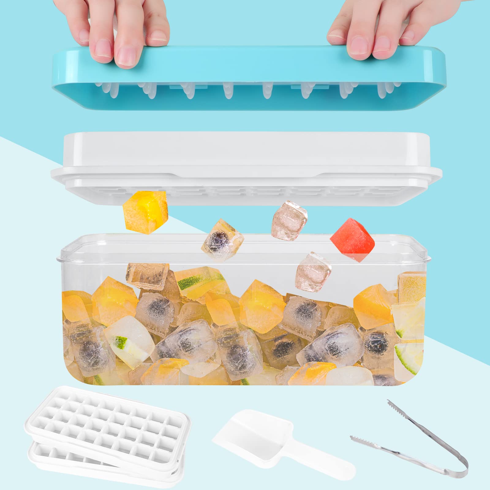 Premium Stackable Ice Cube Tray with Lid - 2 Pack 32-Cube Silicone Ice Trays for Freezer with Ice Bin, Scoops & Tongs - Easy Press Release Blue Ice Molds - Perfect for Cocktails, Smoothies & Party Drinks