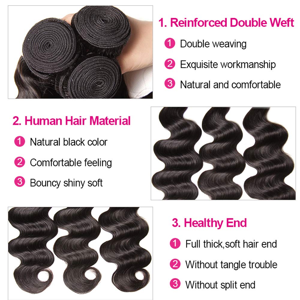 10A Brazilian Body Wave Virgin Hair Weave - 3 Bundles with Lace Closure (10 12 14+10Closure) | Unprocessed 100% Human Hair Extensions | Natural Color | Free Part | For Styling, Volume & Length | Perfect for Daily Wear, Parties & Special Occasions