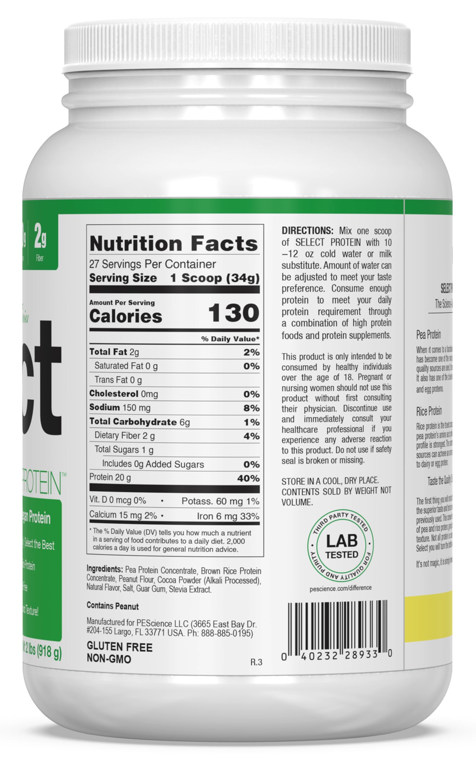 PEScience Select Vegan Plant Based Protein Powder - Chocolate Peanut Butter Flavor, 27 Servings | Premium Pea & Brown Rice Protein Blend for Muscle Recovery & Post-Workout Nutrition | Ideal for Smoothies, Baking & Healthy Meal Replacement
