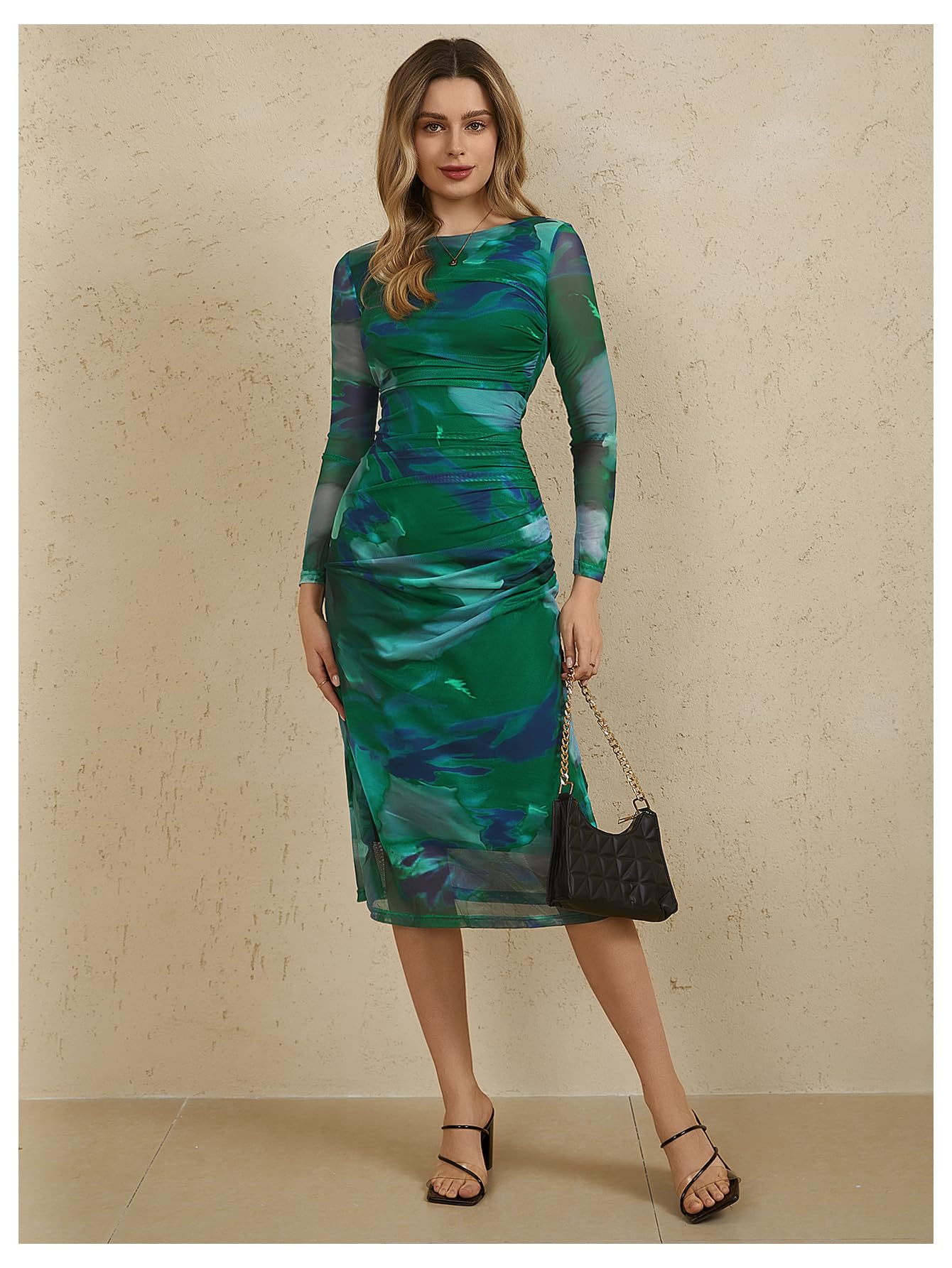 MakeMeChic Women's Elegant Tie Dye Mesh Ruched Bodycon Dress - Long Sleeve Round Neck Midi Dress for Party, Date Night & Special Occasions