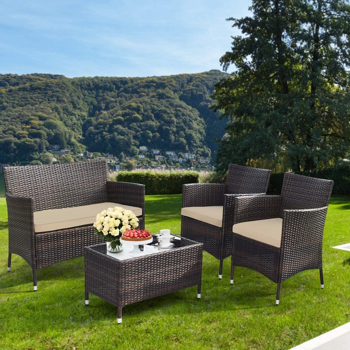 GLACER 4-Piece All-Weather Wicker Patio Furniture Set - Outdoor Rattan Sofa Sectional with Thick Cushions & Glass Coffee Table - Brown Garden Conversation Set for Backyard, Lawn, Poolside & Patio Relaxation
