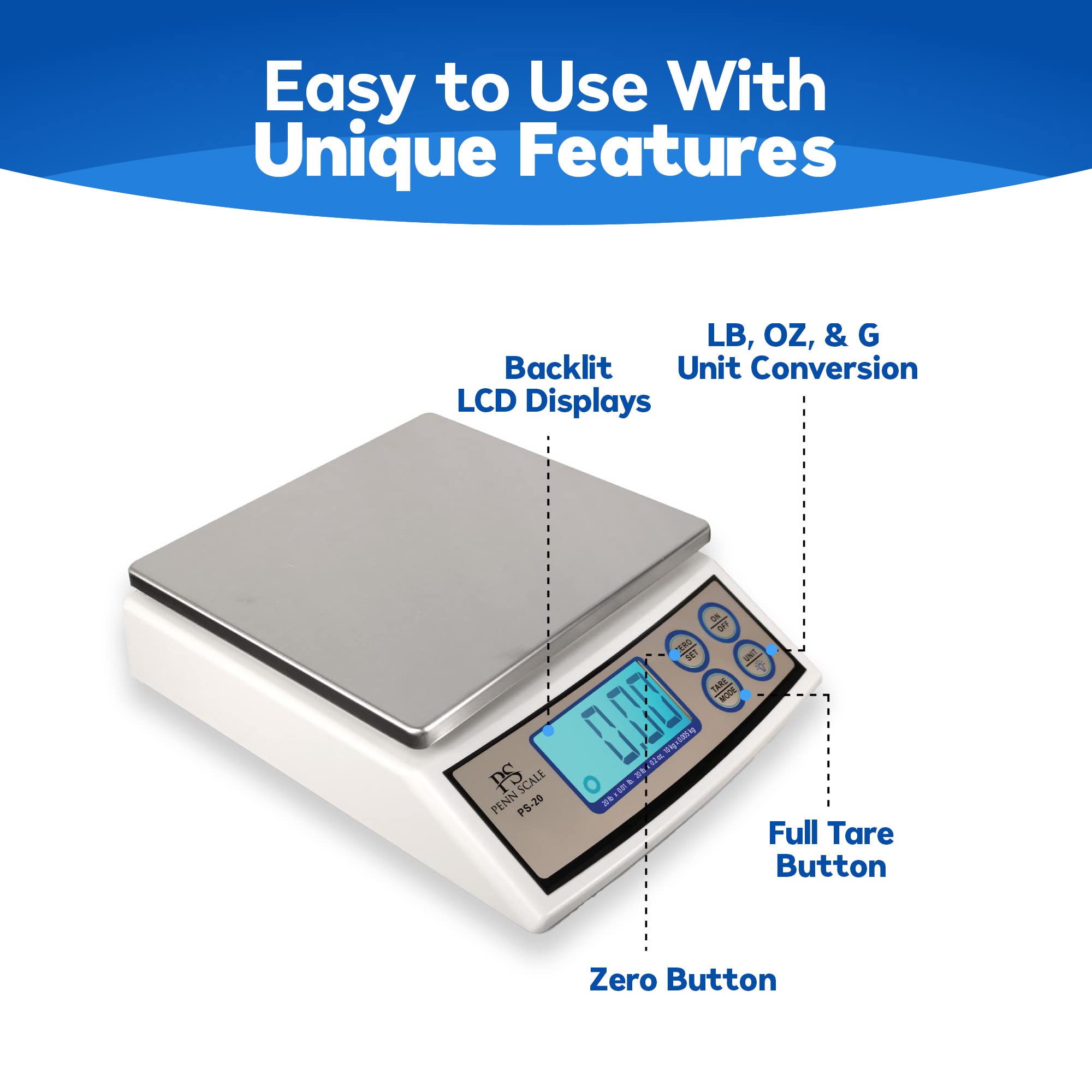 Penn PS-20 Digital Kitchen Scale - 20lb Precision Food Scale with 0.01lb Accuracy, Removable Stainless Steel Platform & LCD Display | Unit Conversion (lb/oz/kg) | AC/Battery Powered | Perfect for Baking, Meal Prep & Portion Control