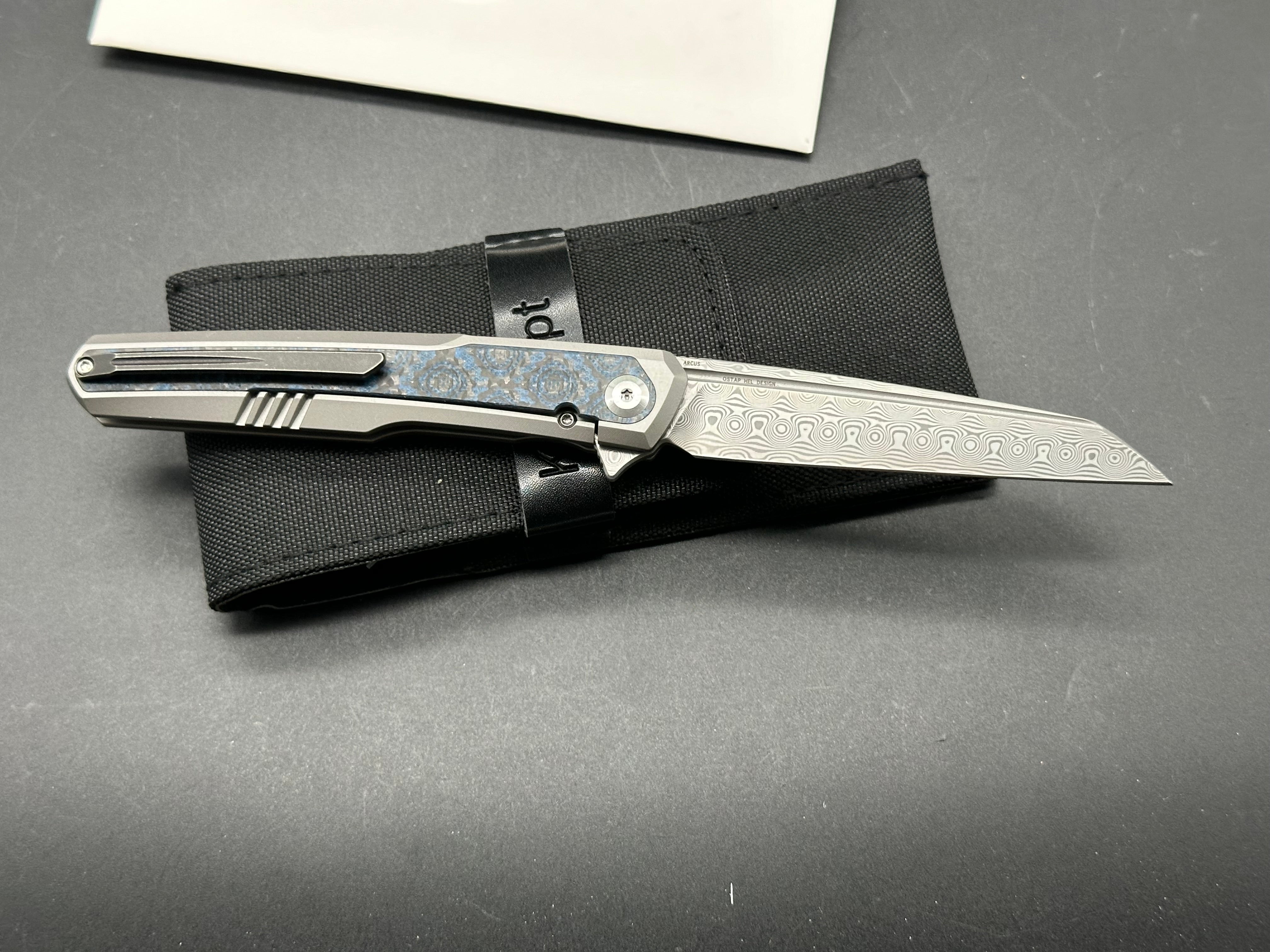 KANSEPT ARCUS Titanium Folding Knife with Blue Rose Carbon Fiber Handle & Damascus Blade - EDC, Camping, Hunting, Outdoor Survival Gear