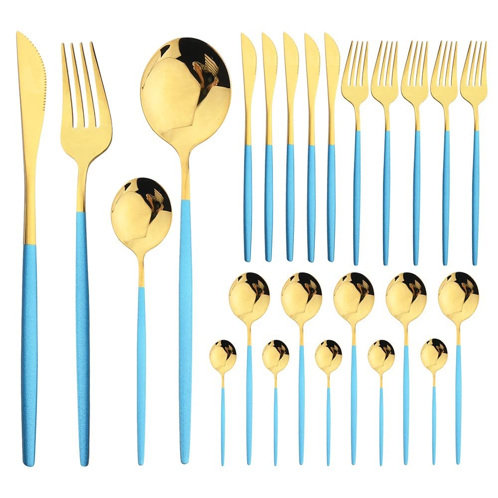 24-Piece Stainless Steel Silverware Flatware Set - Knife, Fork & Spoon Cutlery for Dining, Kitchen, Wedding & Special Occasions (Blue Gold) - Elegant Tableware for Restaurants, Dinner Parties & Home Use