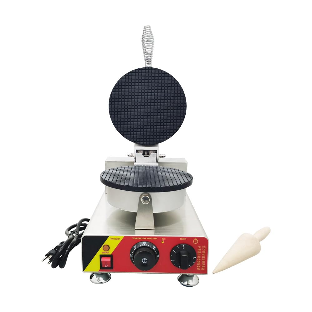 Commercial 110V Electric Waffle Cone Maker Machine - Stainless Steel Single Station Ice Cream Cone Baker with Adjustable Temperature (50-300℃) - Perfect for Restaurants, Bakeries, Ice Cream Shops and Home Use