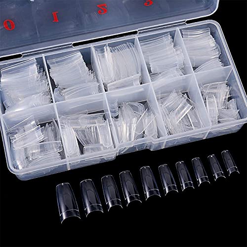 200 Pcs Acrylic Nail Tips - French Half Cover Fake Nails in 10 Sizes (Clear/Natural) for Nail Salon & DIY Manicure - Coffin Shape Artificial Nails with Storage Box - Perfect for Home Use, Professional Nail Art & Party Looks