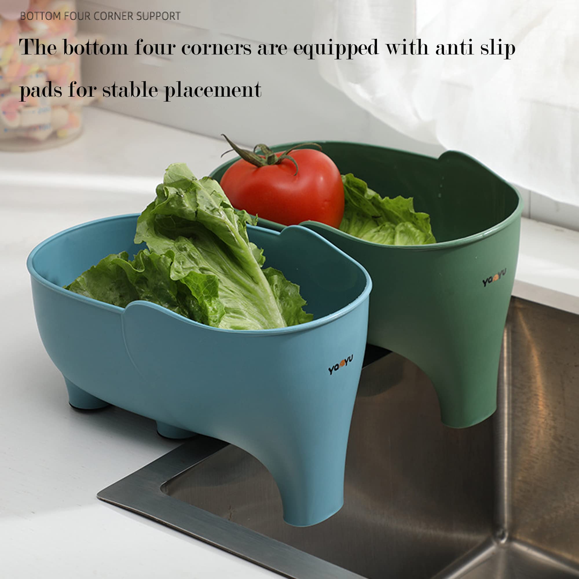 2-Pack Elephant Design Vegetable Washing Basket with Drain Holes - Green & Gray Colander for Fruits, Pasta, Noodles - Perfect for Kitchen, Salad Prep & Dish Draining