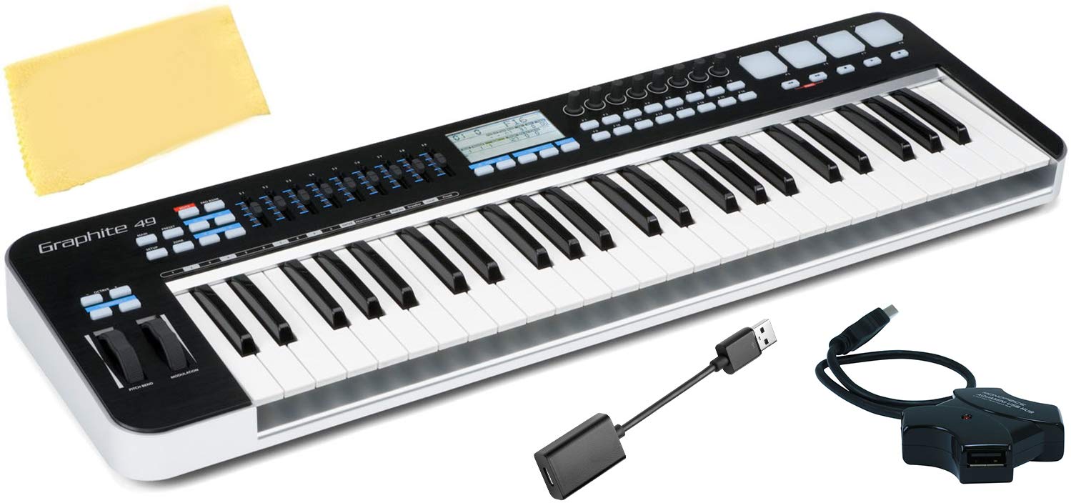 Samson Graphite 49-Key USB MIDI Keyboard Controller Bundle with Built-in USB Hub, USB-C Adapter & Polishing Cloth - Perfect for Music Production, Studio Recording & Live Performances
