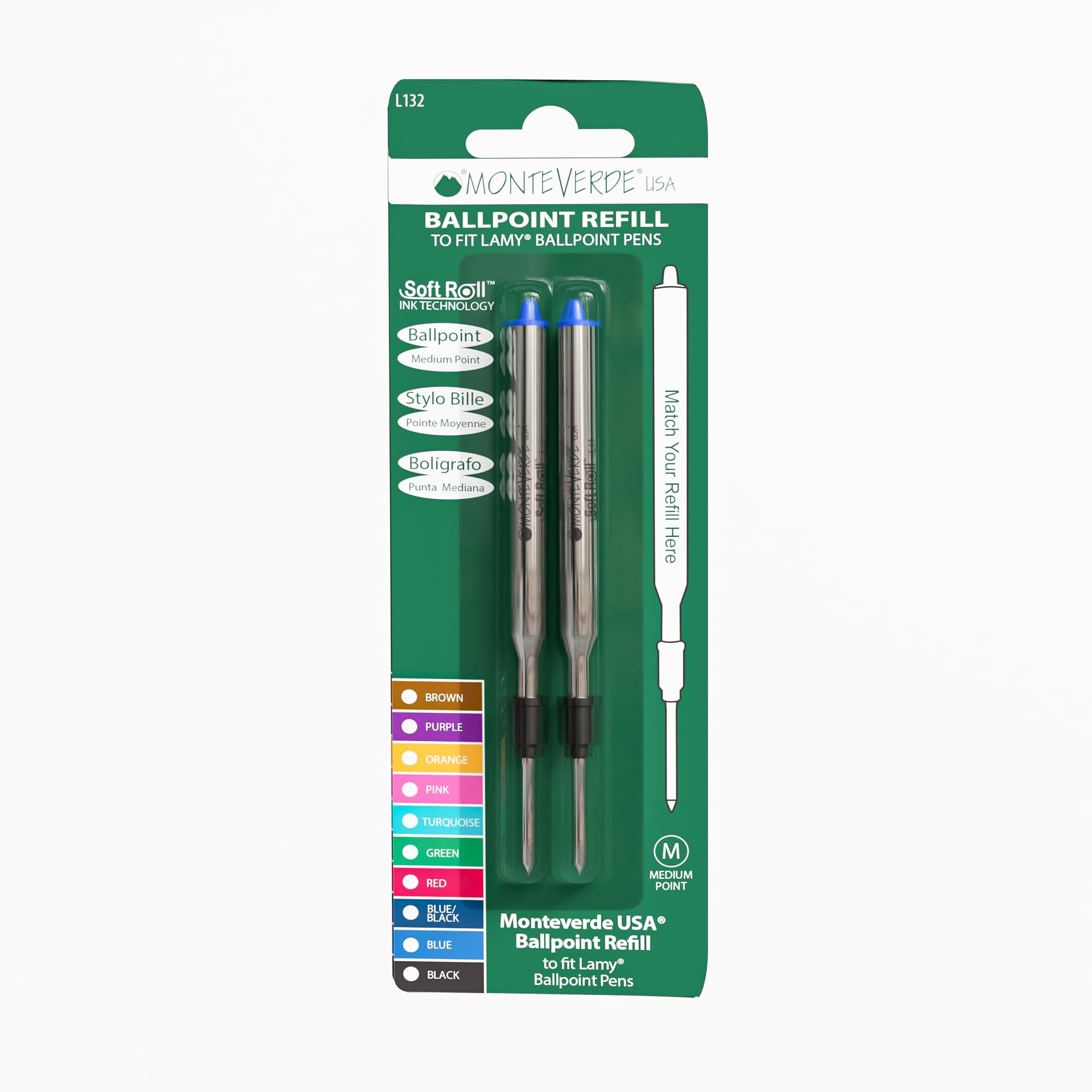 MONTEVERDE Soft Roll Ballpoint Refill for Lamy Pens - Blue Ink, 2 Pack (L132BU) | Smooth Writing Replacement Refills for Office, School & Everyday Use