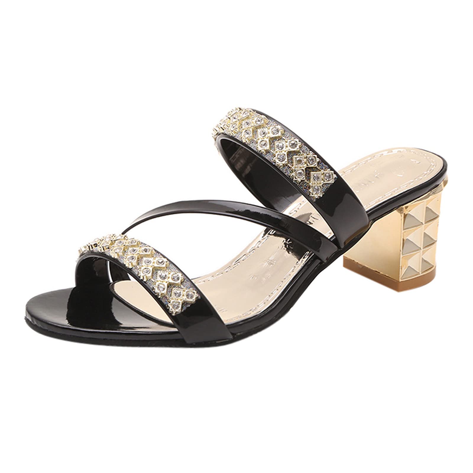 Women's Crystal Square Heel Strappy Sandals - Roman Style Beach Wedding Party Shoes for Summer Vacation & Outdoor Occasions