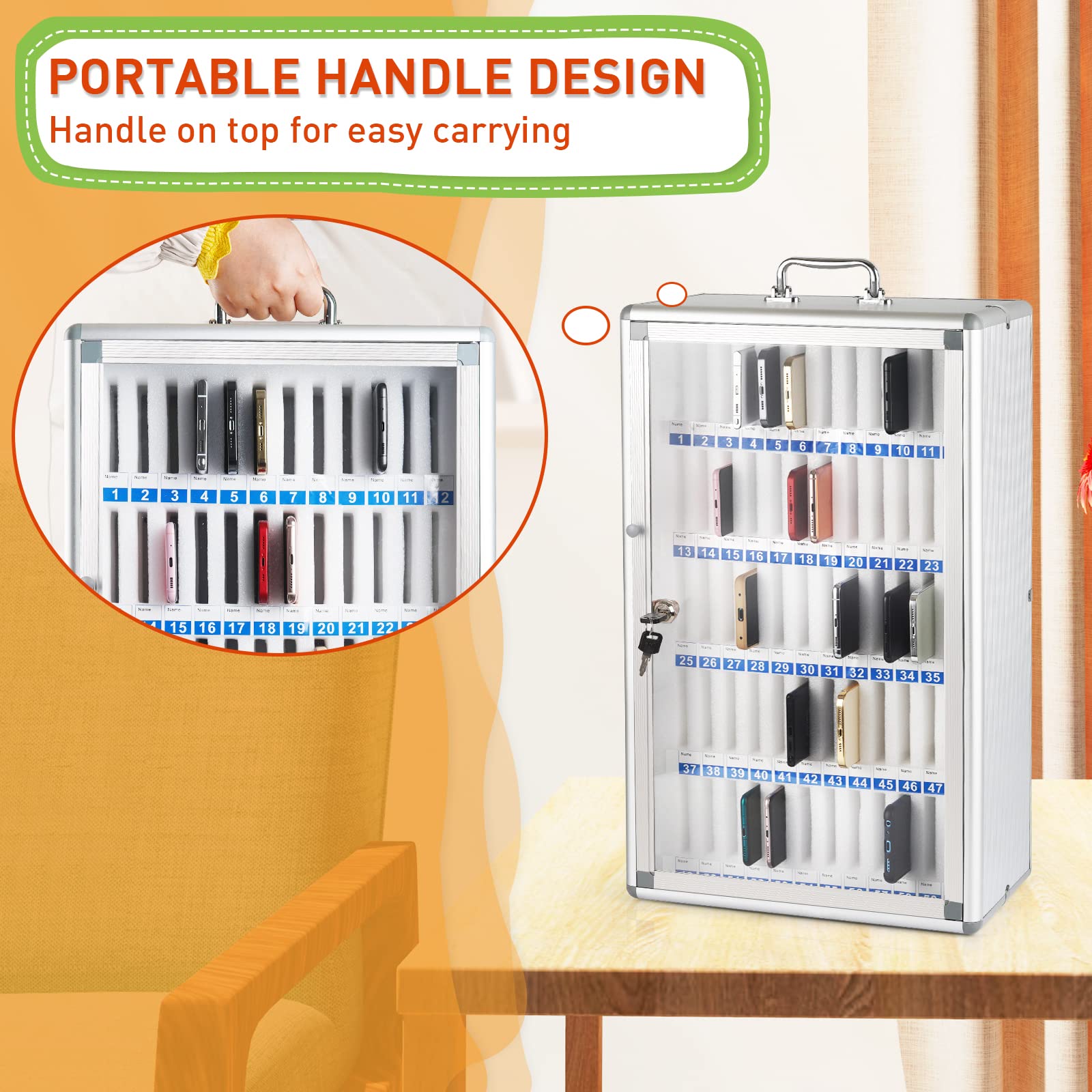 Loghot Aluminum Alloy Wall-Mounted Phone Storage Cabinet with Lock - 60 Slots Portable Organizer for Retail Stores, Salons & Offices | Secure Smartphone Display & Charging Station