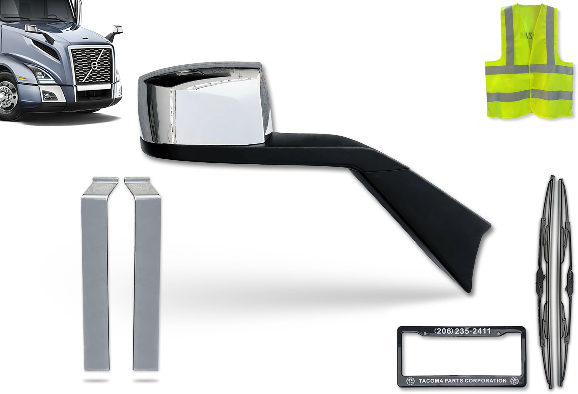 Heated Chrome Mirror with Hood & Chrome Trim Mold Bumper Pair for Volvo VNL 2018+ (Right Passenger Side) | Includes 2 Wipers, License Plate Frame & Vest | Perfect for Truck Upgrades & Winter Driving Safety