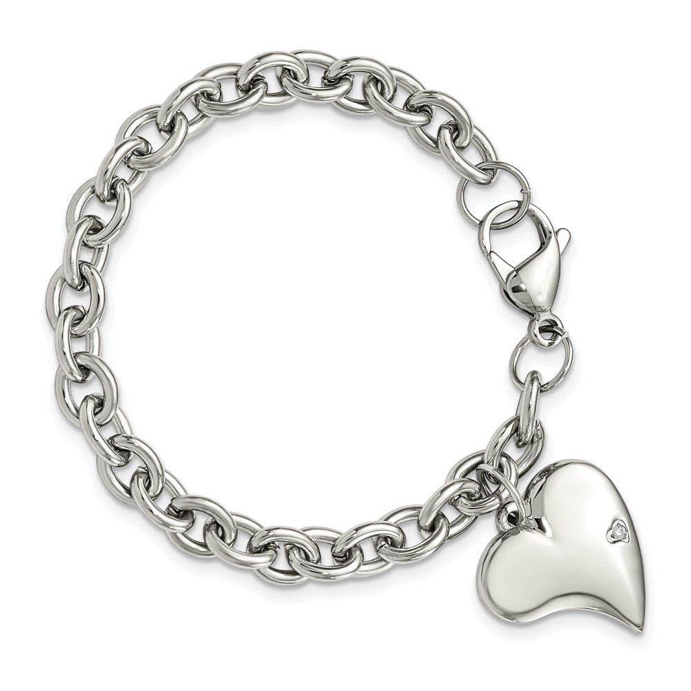Black Bow Women's 6mm Stainless Steel Heart CZ Charm Bracelet - Perfect for Gifts & Special Occasions