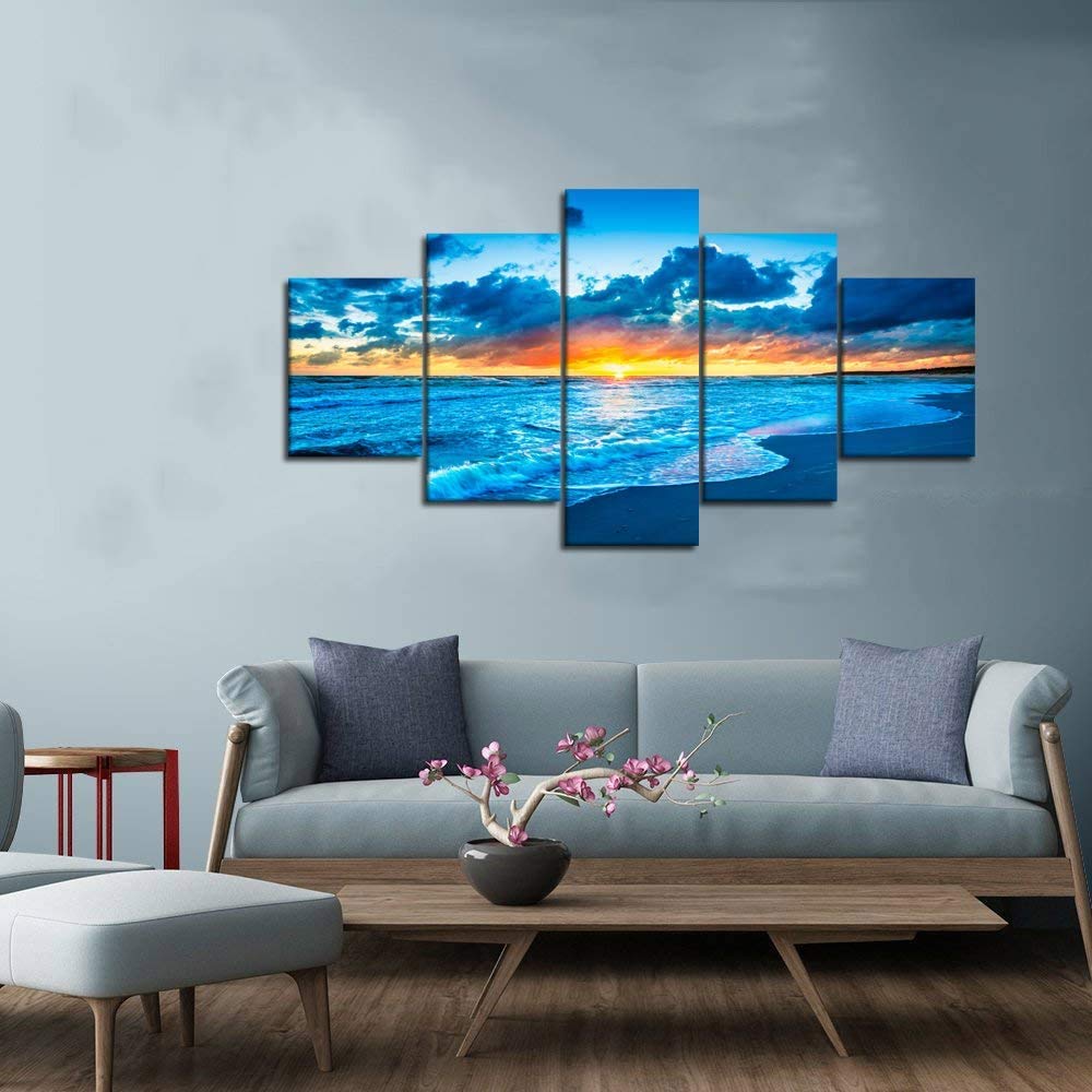 Navy Blue Beach Ocean Sunrise Modern Landscape Wall Art - 5 Piece Large Seaside Canvas Painting Prints (60''Wx40''H) for Living Room, Bedroom & Home Decor | Coastal Themed Framed Posters Perfect for Beach House, Office or Gift
