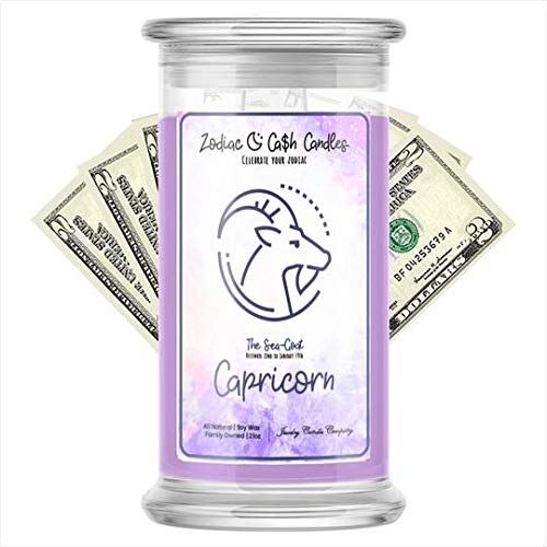 Capricorn Zodiac Money Candle | Surprise Cash Value $2-$2,500 | 21oz Soy Wax Jar Candle | Forever Yours | Perfect for Birthday Gifts, Zodiac Decor & Manifestation Rituals