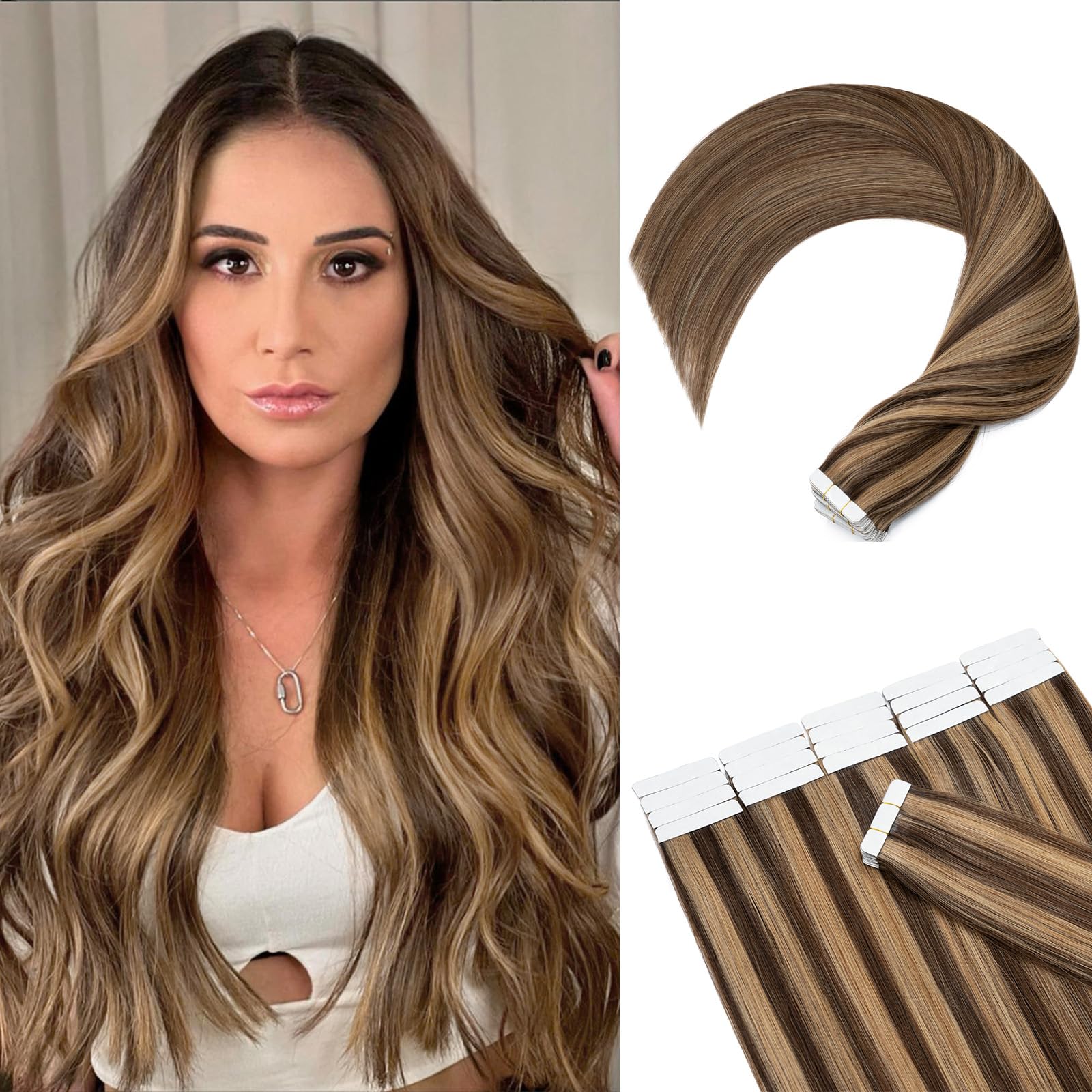 20pcs Tape in Hair Extensions 20 Inch - 100% Remy Human Hair, Double Sided, Seamless, Balayage Medium Brown with Dark Blonde Highlights (#4P27) - Perfect for Parties, Weddings & Everyday Styling