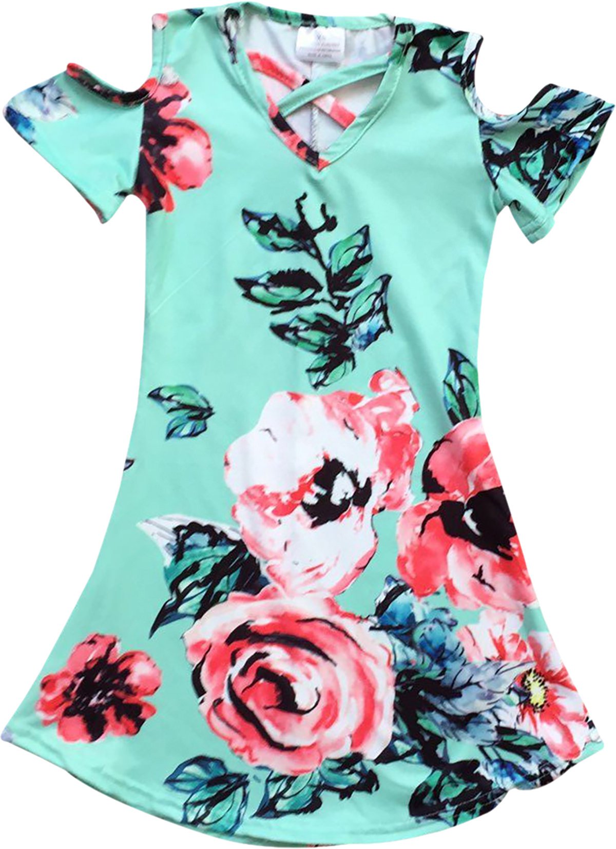 BluNight Girls' Cold Shoulder Floral Dress - Easter & Summer Flower Girl Dress for Kids - Perfect for Parties, Weddings, and Special Occasions