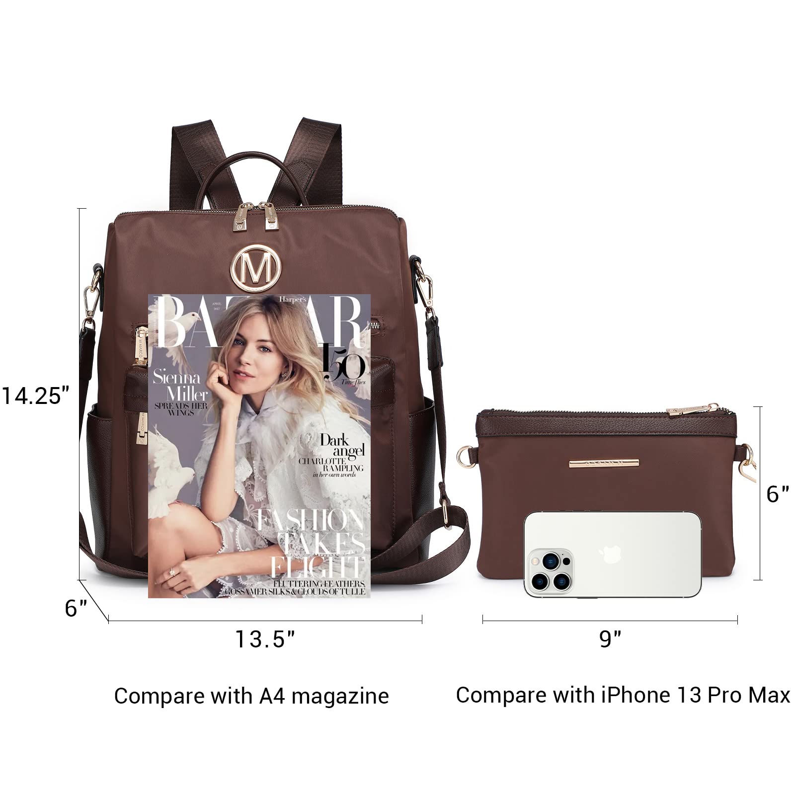 MKP COLLECTION Women's Convertible Nylon Backpack Purse - Large Designer Travel Shoulder Bag & Handbag 2-Piece Set for Work, Gym & Weekend Getaways