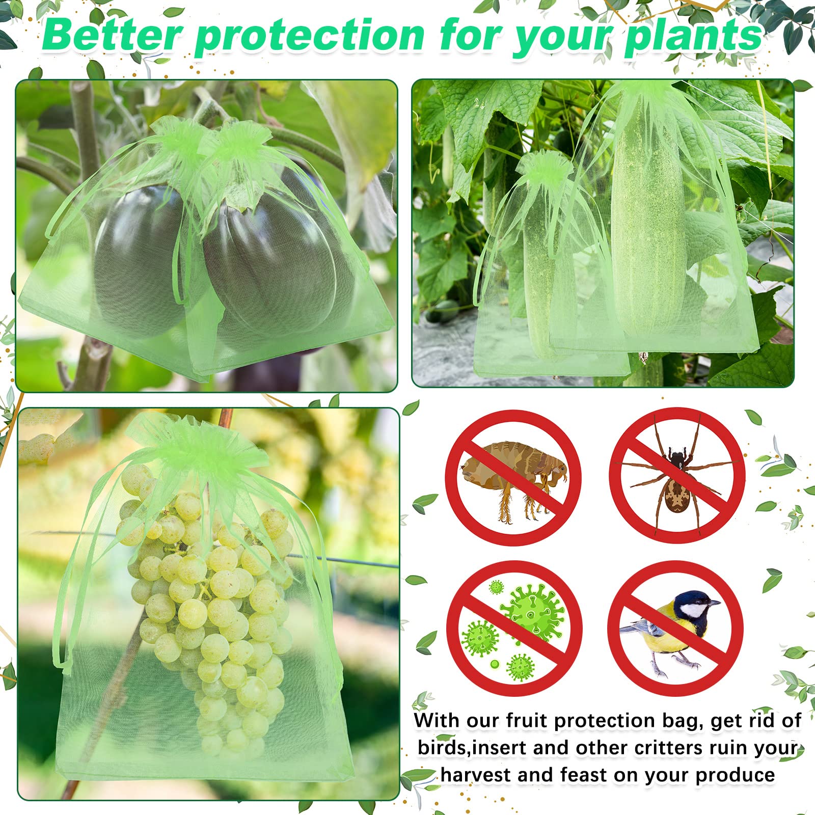 200 Pcs Fruit Protection Bags with Drawstring - 8x12 Inch Green Mesh Netting Bags for Apple, Peach & Vegetable Garden Protection - Perfect for Pest Control & Organic Gardening