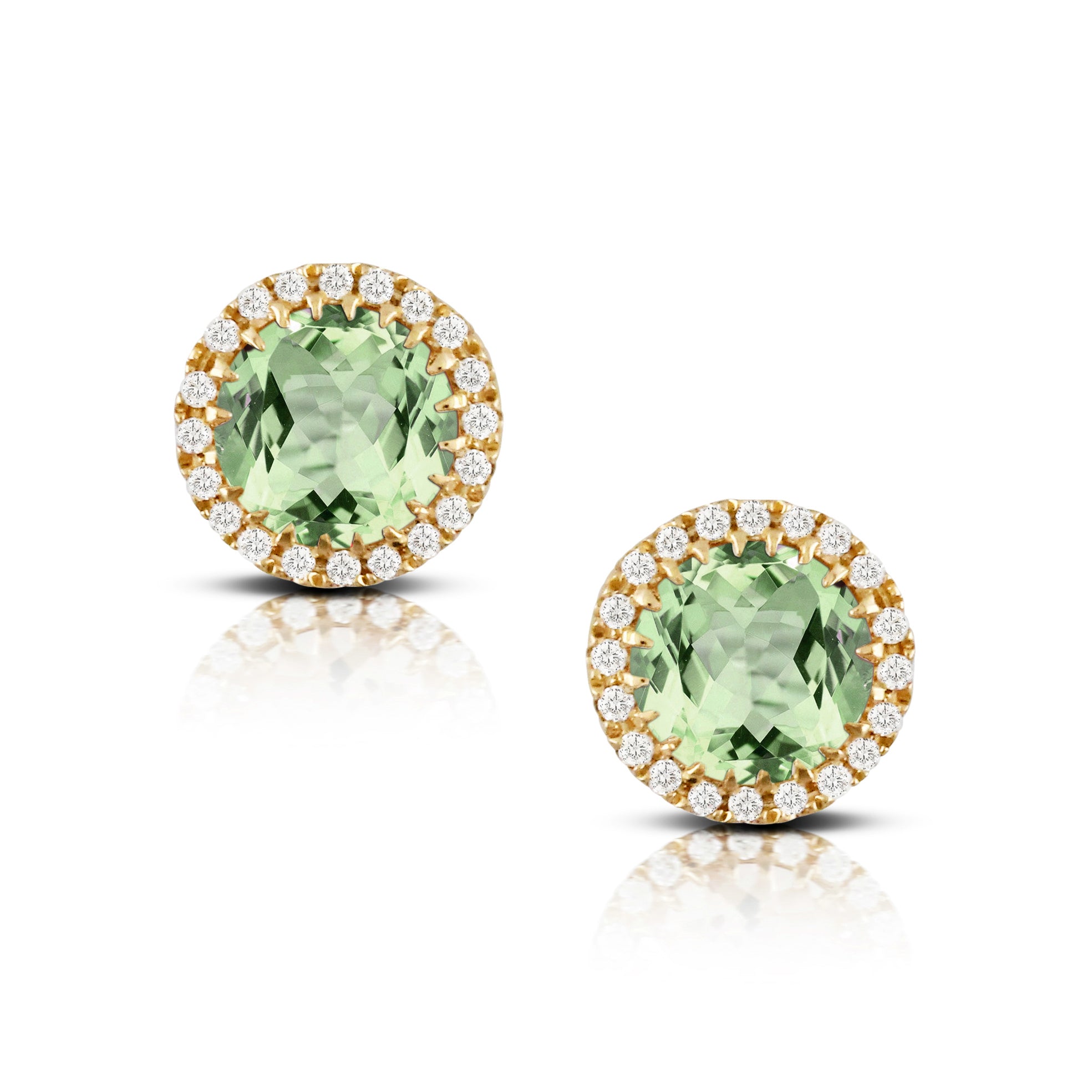 Green Amethyst & Diamond Halo 18K Yellow Gold Stud Earrings for Women - Elegant Jewelry Gift for Birthday, Anniversary & Special Occasions
