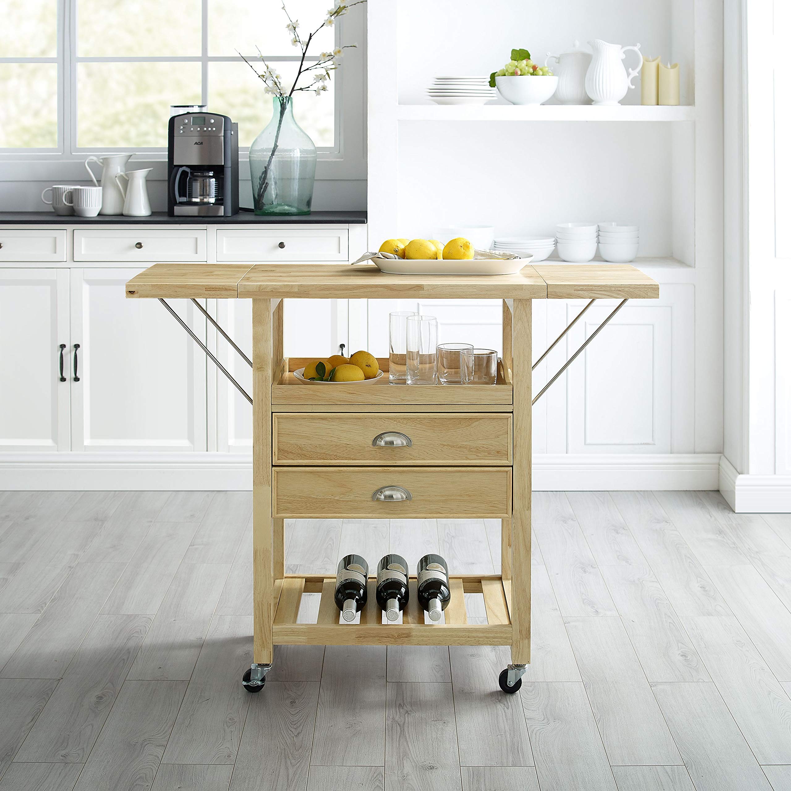 Crosley Bristol Drop Leaf Rolling Kitchen Cart with Serving Tray & Shelves - Microwave Stand, Storage Organizer for Small Spaces, Natural Wood - Perfect for Apartments, Dorms & Compact Kitchens