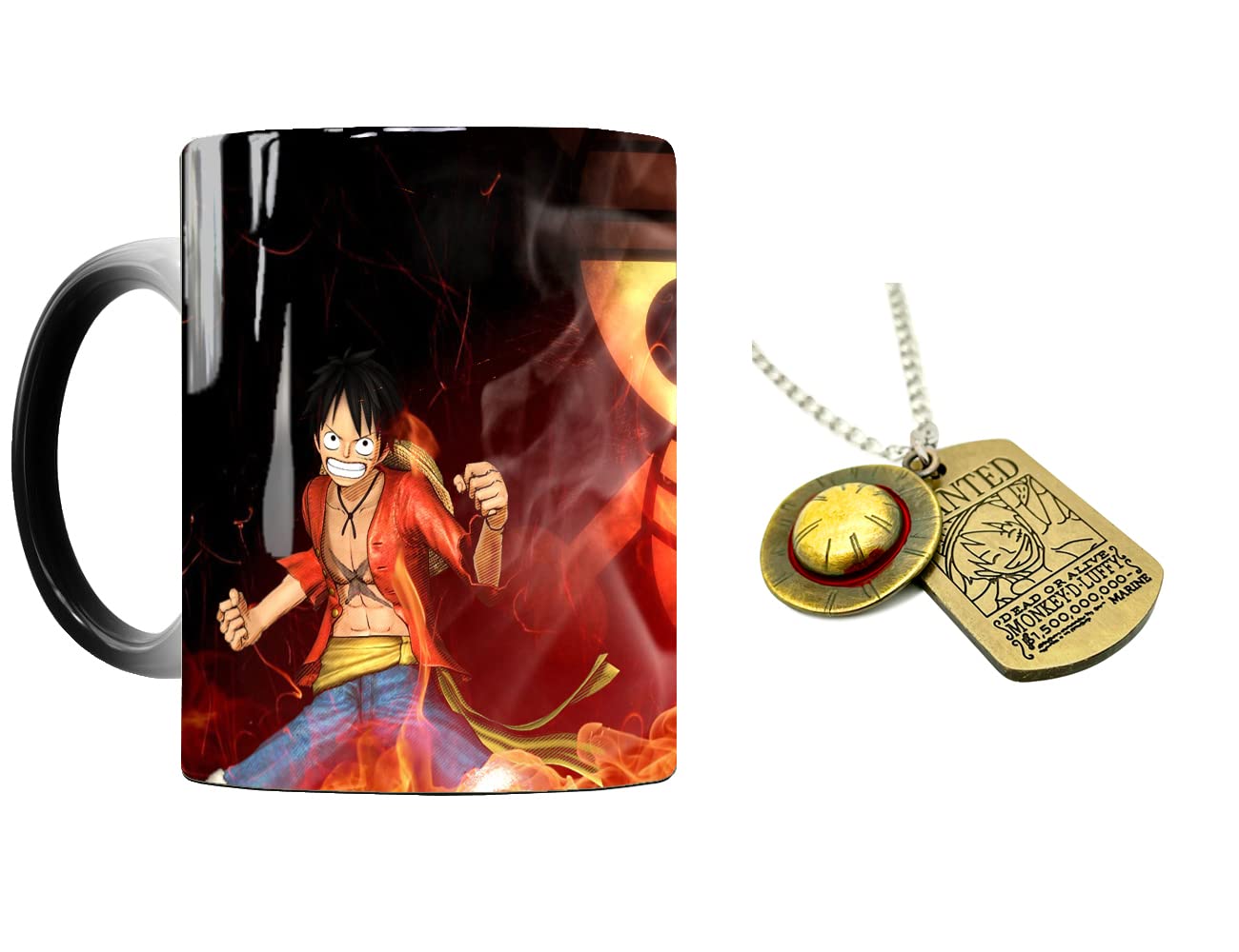 DOUBLOO One Piece Anime Luffy Zoro Heat Sensitive Color Changing Coffee Mug 11oz with Luffy 1.5 Billion Berries Wanted Poster Pendant - Perfect for Anime Fans, Gift for Collectors, Office & Home Use