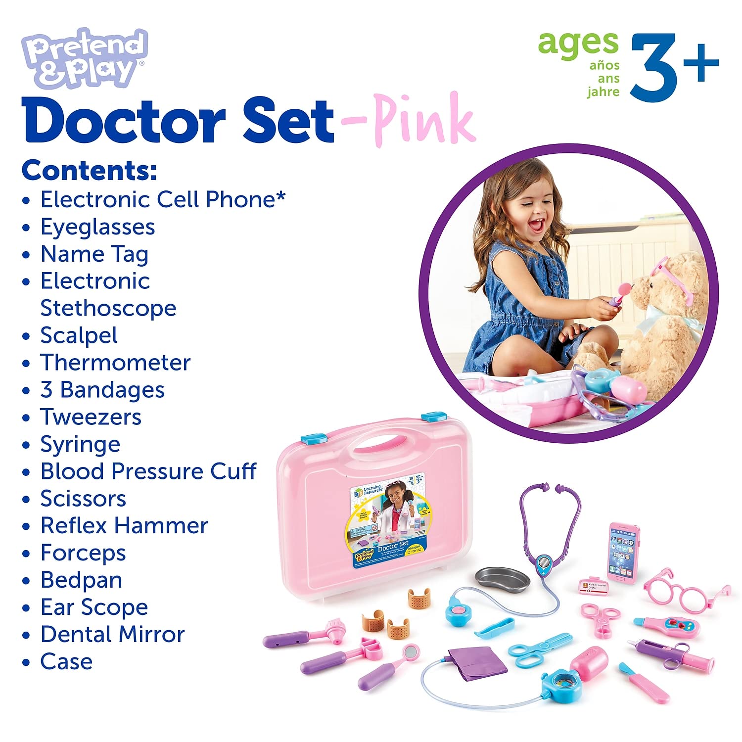 Learning Resources Pretend & Play Doctor Kit - 19 Piece Medical Toy Set for Kids Ages 3+, Pink Doctor Costume with Stethoscope & Medical Tools, Toddler Social Emotional Learning Toys for Role Play & STEM Education