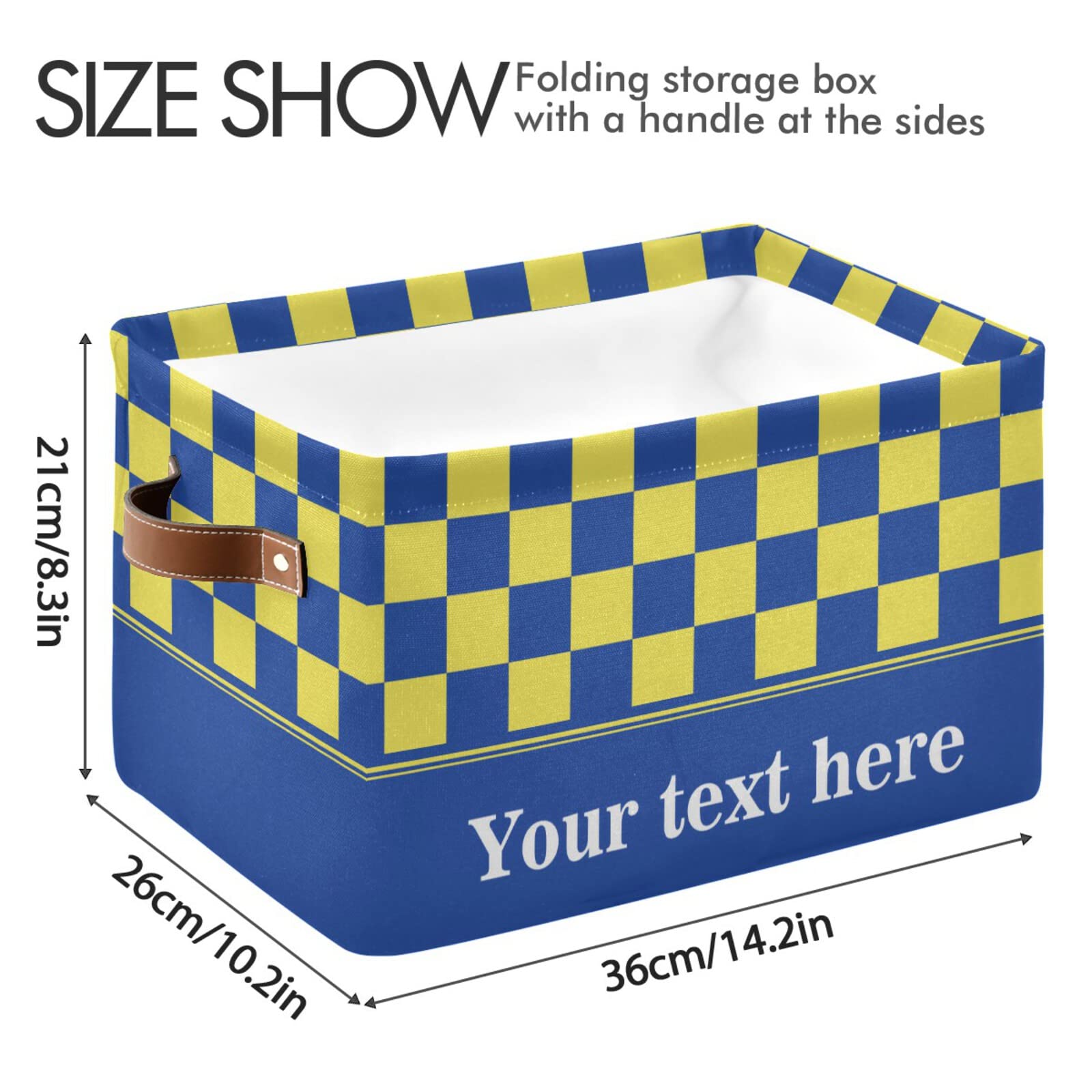 Checkerboard Yellow Blue Plaid Collapsible Storage Basket with Leather Handles - Rectangular Storage Bin for Kitchen, School, Office & Home Organization | Perfect for Shelves, Closets & Laundry Room