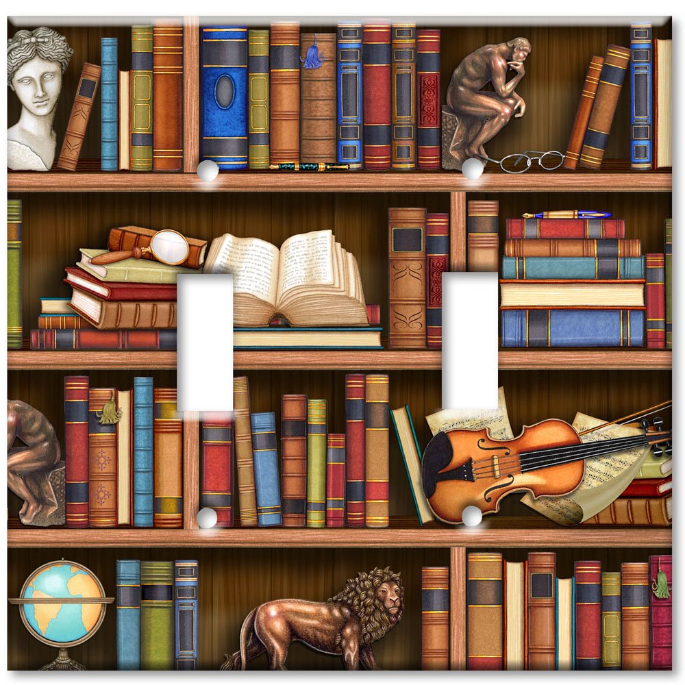 Decorative Art Plates - Books in Library Switch Plate Cover - Double Toggle Light Switch Plate for Home & Office Decor