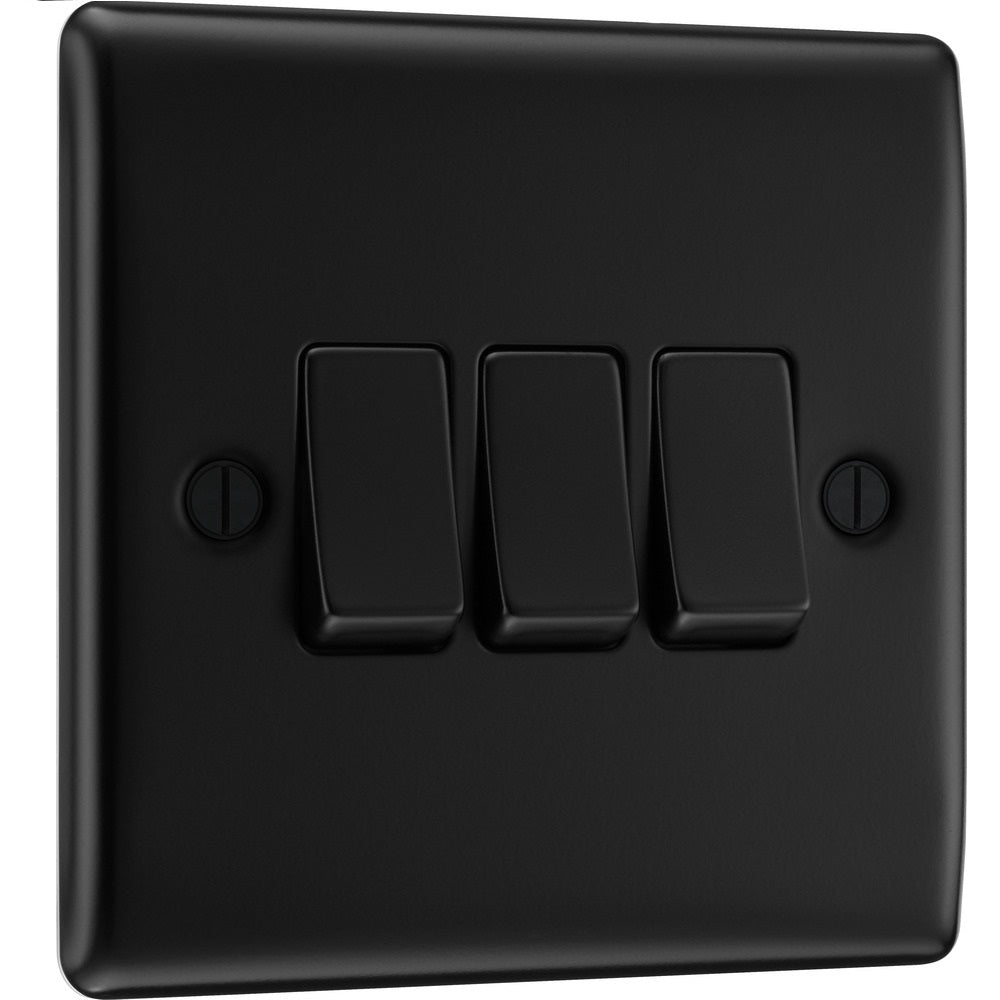 BG Nexus Metal Matt Black 3G 2W Light Switch NFB43 - Modern Electrical Switch for Home & Office - Perfect for Living Rooms, Bedrooms, and Commercial Spaces