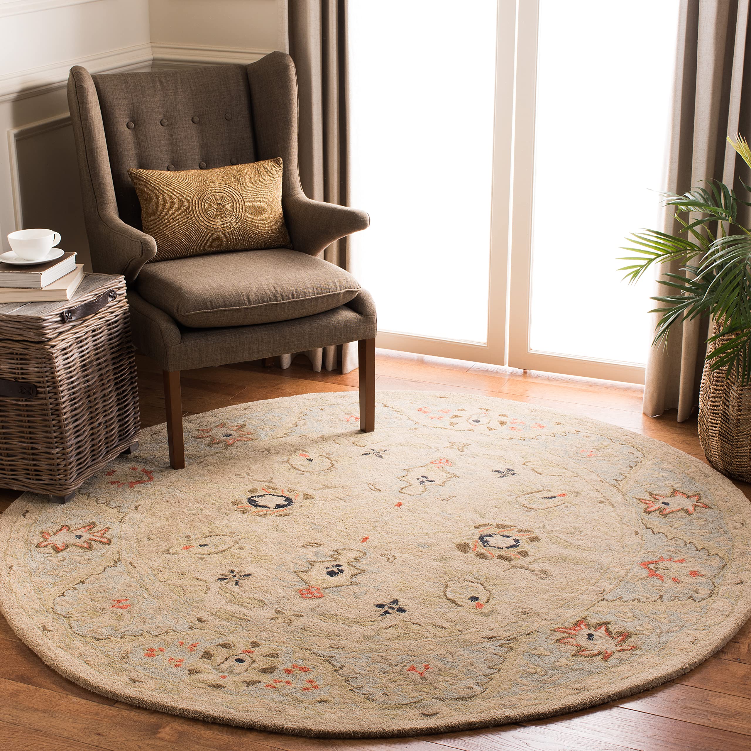 SAFAVIEH Anatolia Collection 6-Foot Round Handmade Wool Area Rug - Natural/Soft Turquoise (AN569C) | Traditional Oriental Design for Living Room, Bedroom & Home Decor