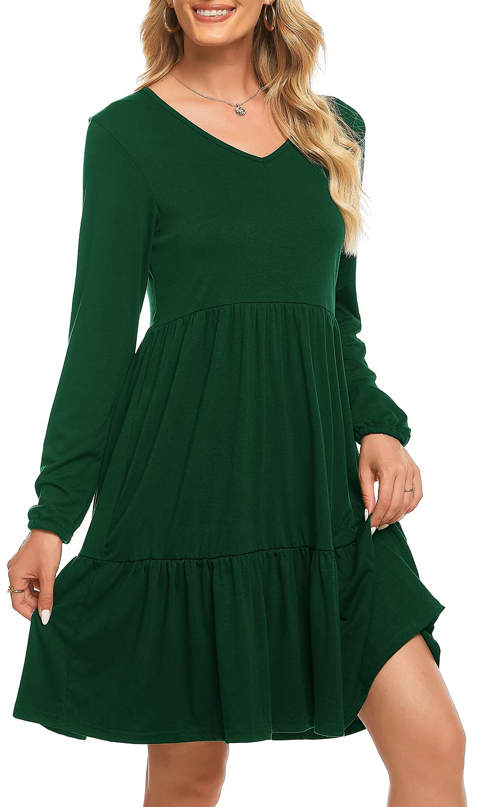 Berydress Women's Casual V-Neck Long Sleeve Tiered Ruffle Dress - Soft Cotton Babydoll Dress with Pockets for Fall Wedding Guest, Party, Date Night & Office Wear