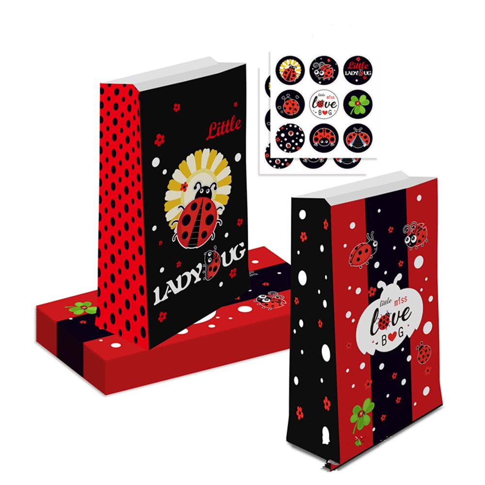 Ghberll Ladybug Party Favor Kit - 30Pcs Red & Black Polka Dot Party Bags with Matching Table Cover - Perfect for Birthday Party Decorations & Candy Treats | Ideal for Kids' Birthday, Baby Shower & Themed Celebrations
