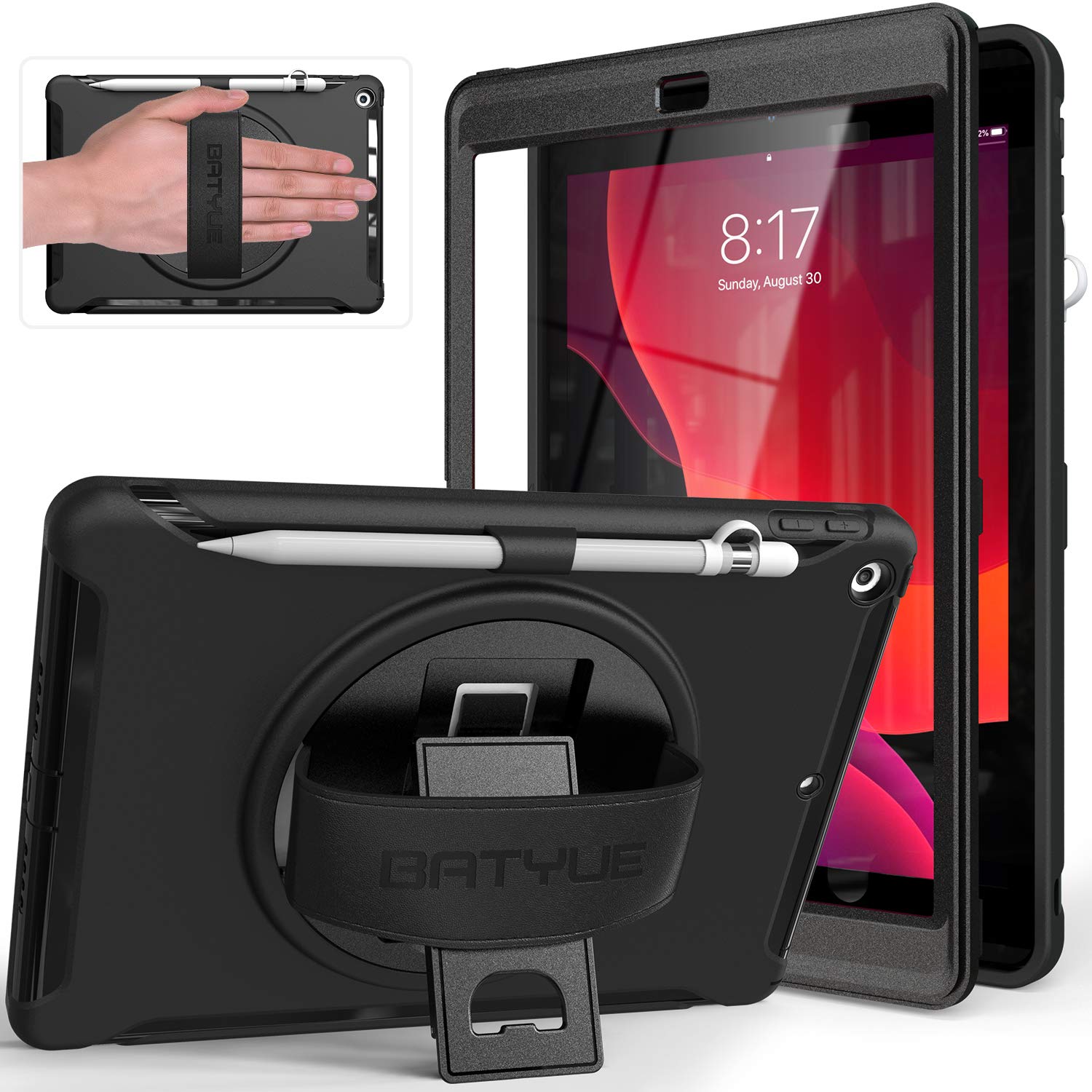 BATYUE iPad 9th/8th/7th Generation Case (10.2 inch 2021/2020/2019 Model) with Screen Protector - Rotating Stand, Hand Strap, Pencil Holder & Cap - Protective Cover for iPad - Perfect for Work, Study & Travel (Black)