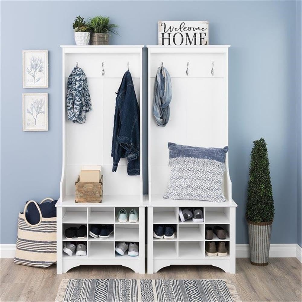 White Hall Tree with Shoe Storage - 9 Cubbies & 3 Double Coat Hooks - Entryway Organizer (15.5