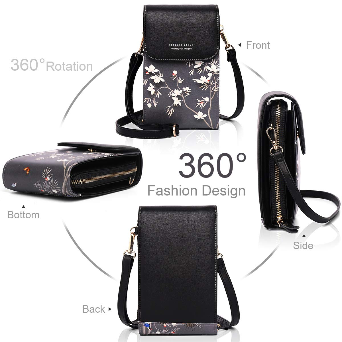 APHISON Women's Leather Crossbody Phone Purse with Butterfly Design - Stylish & Secure Cell Phone Bag for iPhone, Samsung - Perfect for Shopping, Travel & Daily Use