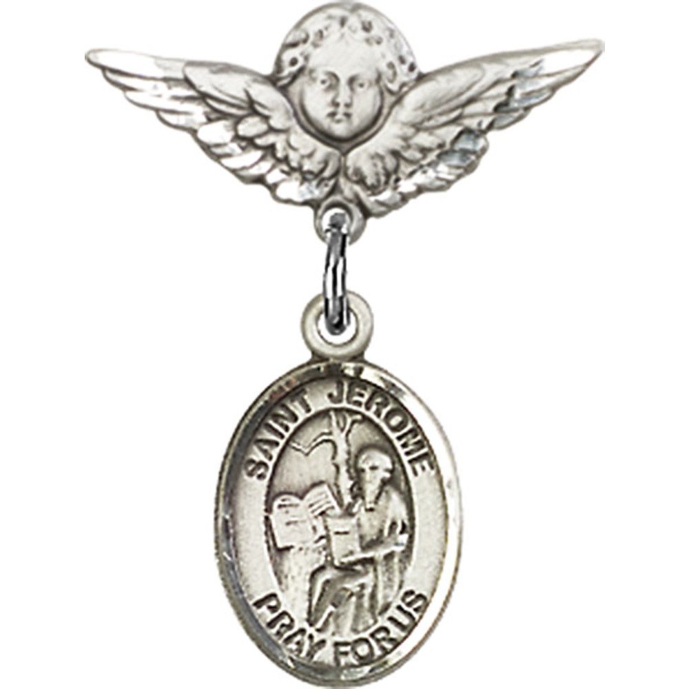 St. Jerome & Angel Wing Sterling Silver Baby Badge Pin - 7/8 X 3/4 Inches - Perfect for Christenings, Baptisms & Baby Blessing Ceremonies