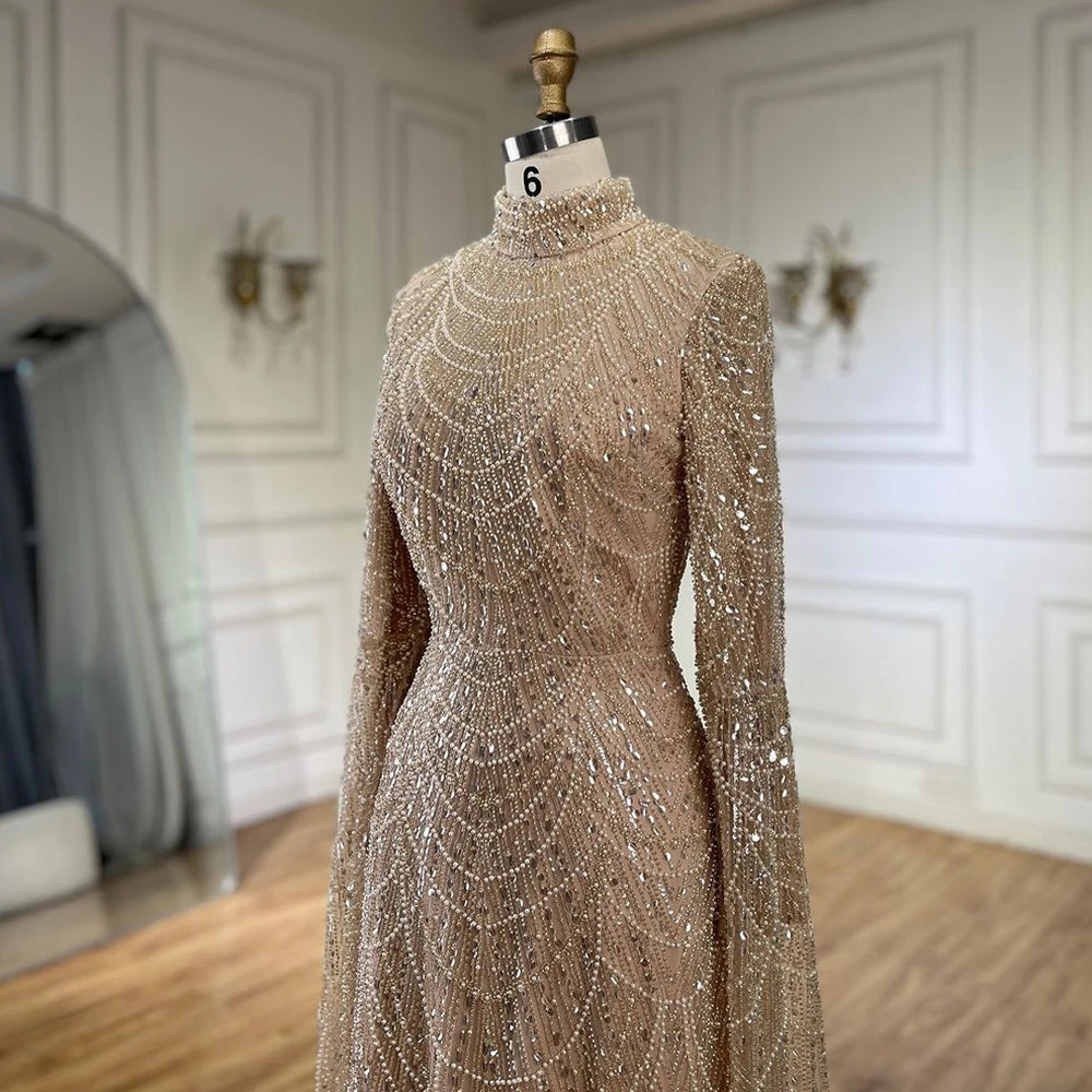 Luxury Dubai Muslim Sage Green Pearls Evening Dress with Cape - Plus Size LA72591 for Wedding, Party & Special Occasions