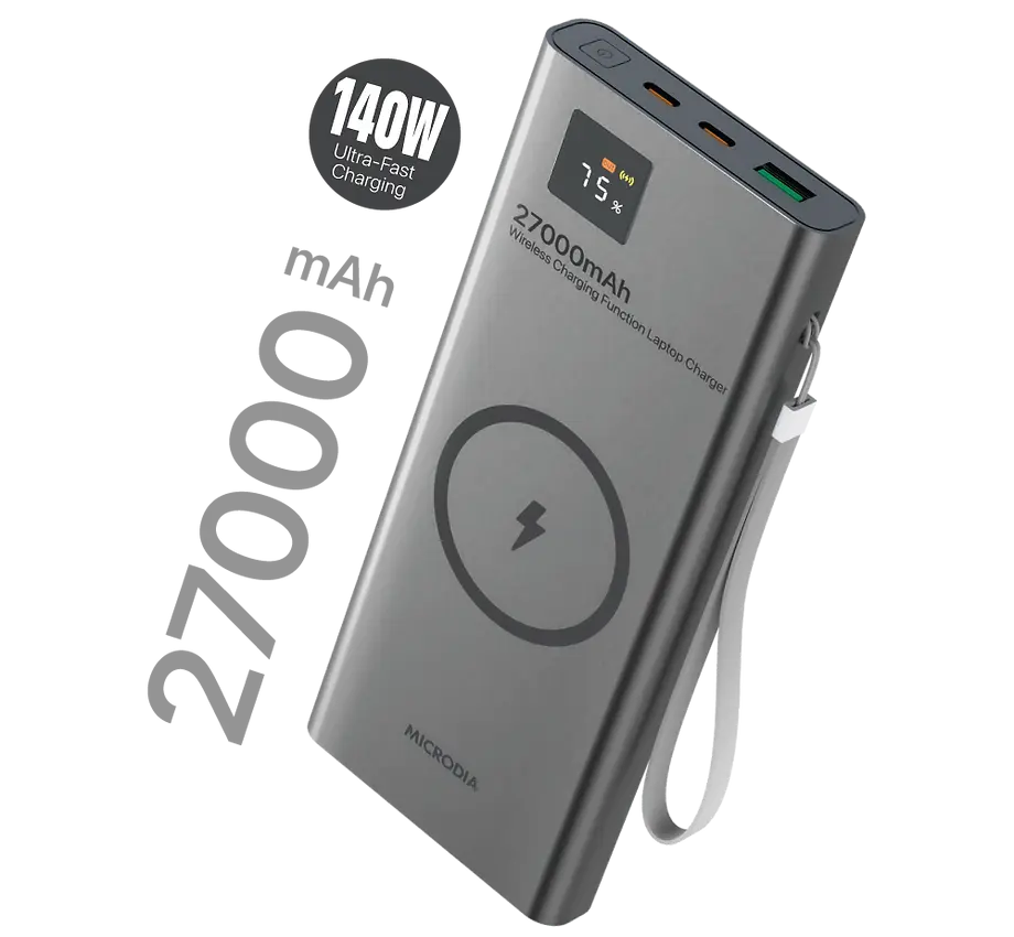 MICRODIA SNAPPower™ MagGo LCD 27000mAh 140W Magnetic Wireless Power Bank - 15W Wireless Charging, 140W & 30W USB-C PD, 20W USB-A Output with LCD Display - Perfect for iPhone, Android, Laptops & Travel Charging