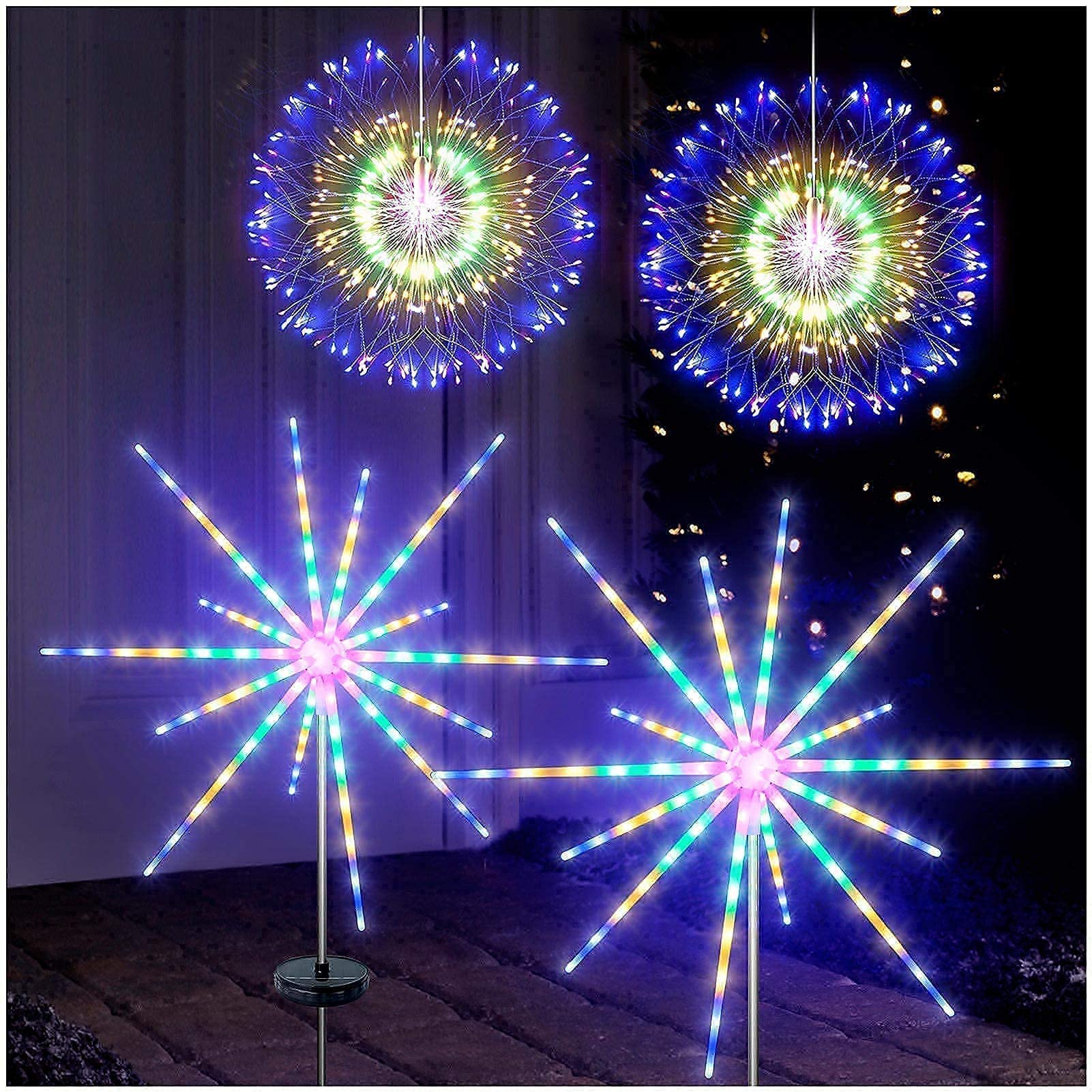 DenicMic Solar Firework Lights Outdoor Decor - 4 Pack (2 Firework + 2 Solar) for Garden, Yard, Patio, Holiday & Party Lighting