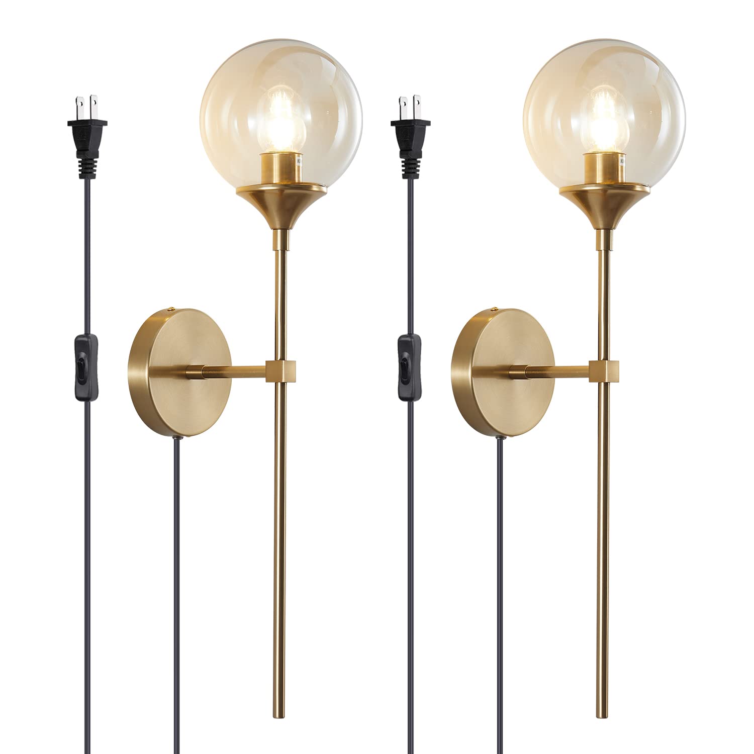 Vintage Mid-Century Plug-in Wall Sconces with On/Off Switch - Set of 2 Amber Glass Globe Industrial Wall Lights, Gold Long Arm Fixture for Bedroom, Bedside, Stairway & Hallway Lighting - Perfect for Home Decor and Ambient Lighting