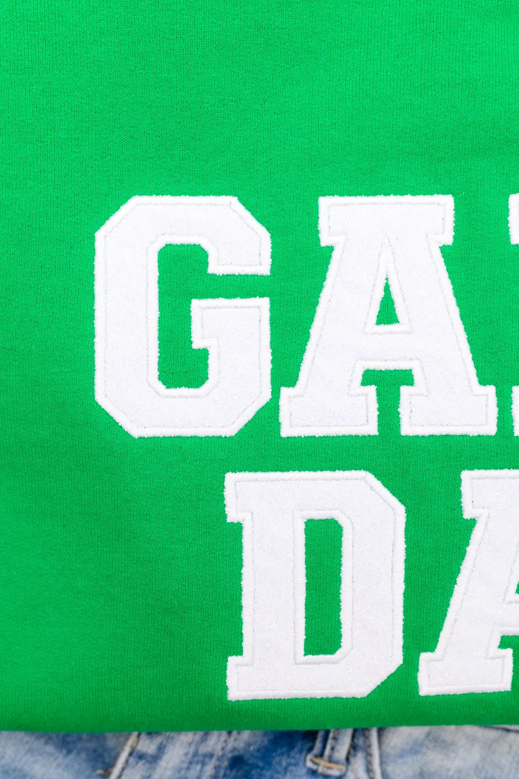 PREORDER: Embroidered Glitter Game Day Sweatshirt - Kelly Green & White | Football Party, Tailgating, Sports Fan Apparel