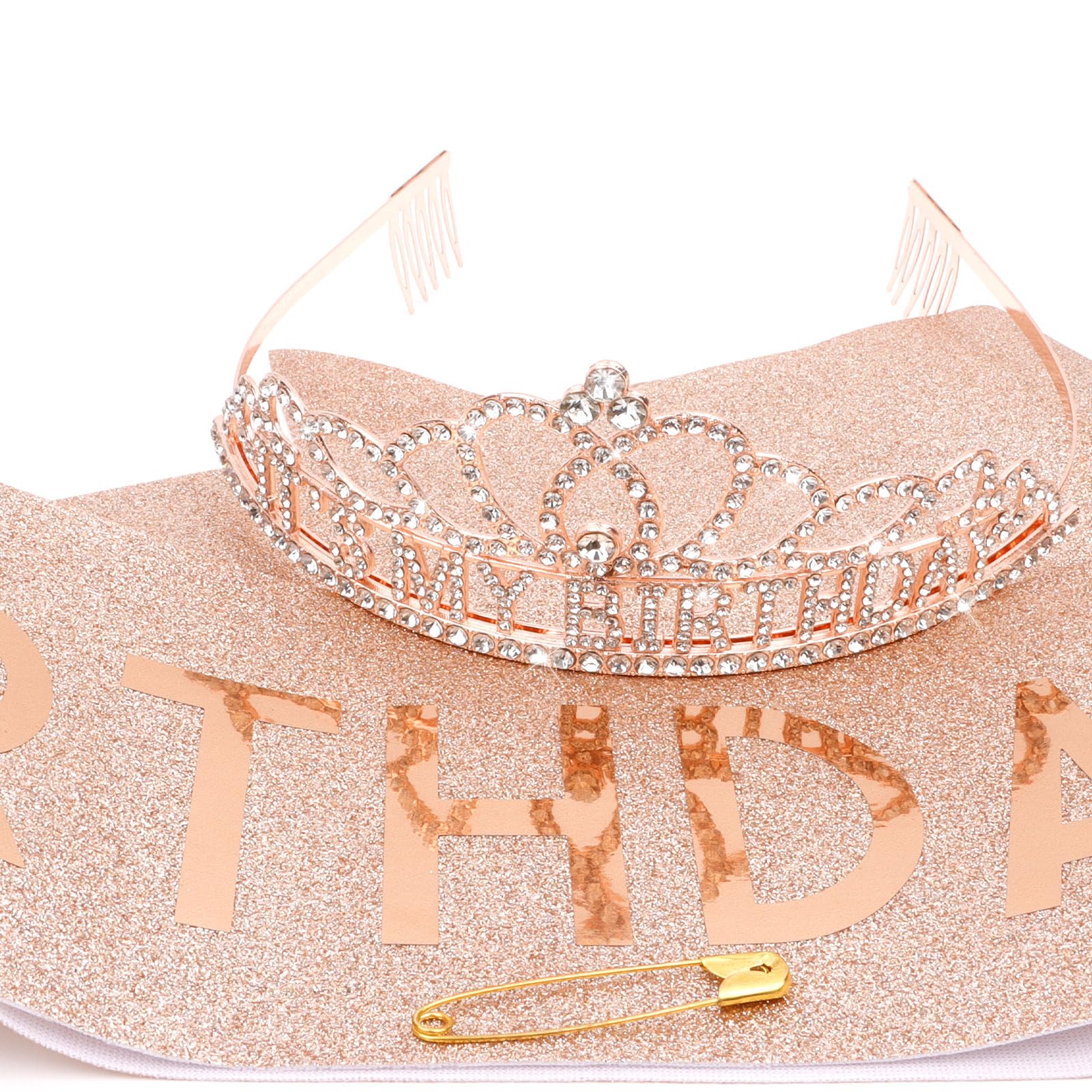 Rose Gold Birthday Crown & Sash Set for Women - Elegant Adult Birthday Party Decorations & Gifts - Perfect for Birthday Celebrations, Bachelorette Parties & Special Occasions