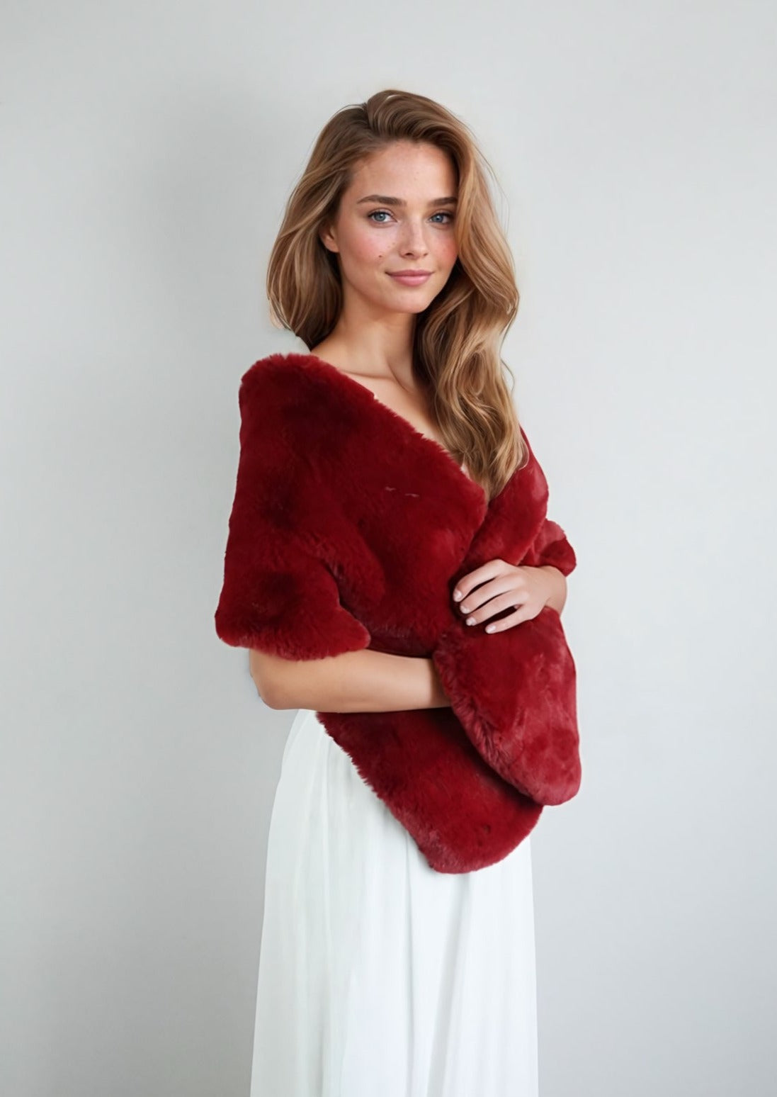 Red Bridal Fur Shawl with Fleece Lining - Warm Winter Wedding Accessory for Brides, Audrey Red05 - Perfect for Outdoor Ceremonies & Photo Shoots