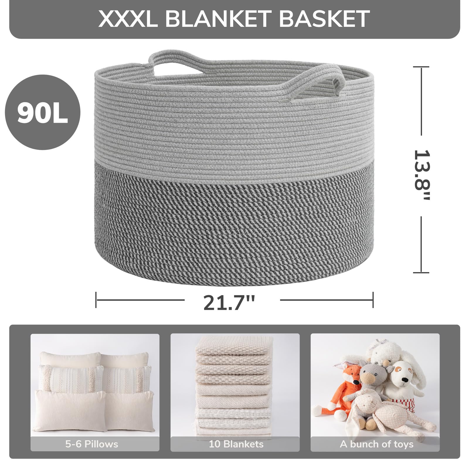 INDRESSME Extra Large Laundry Basket with Handles - 21.7 x 13.8 Inch Woven Storage Bin for Clothes, Toys & Blankets - Grey Cotton Rope Basket for Nursery, Living Room & Bedroom Organization - Perfect for Dirty Laundry, Pet Toys & Home Decor Storage