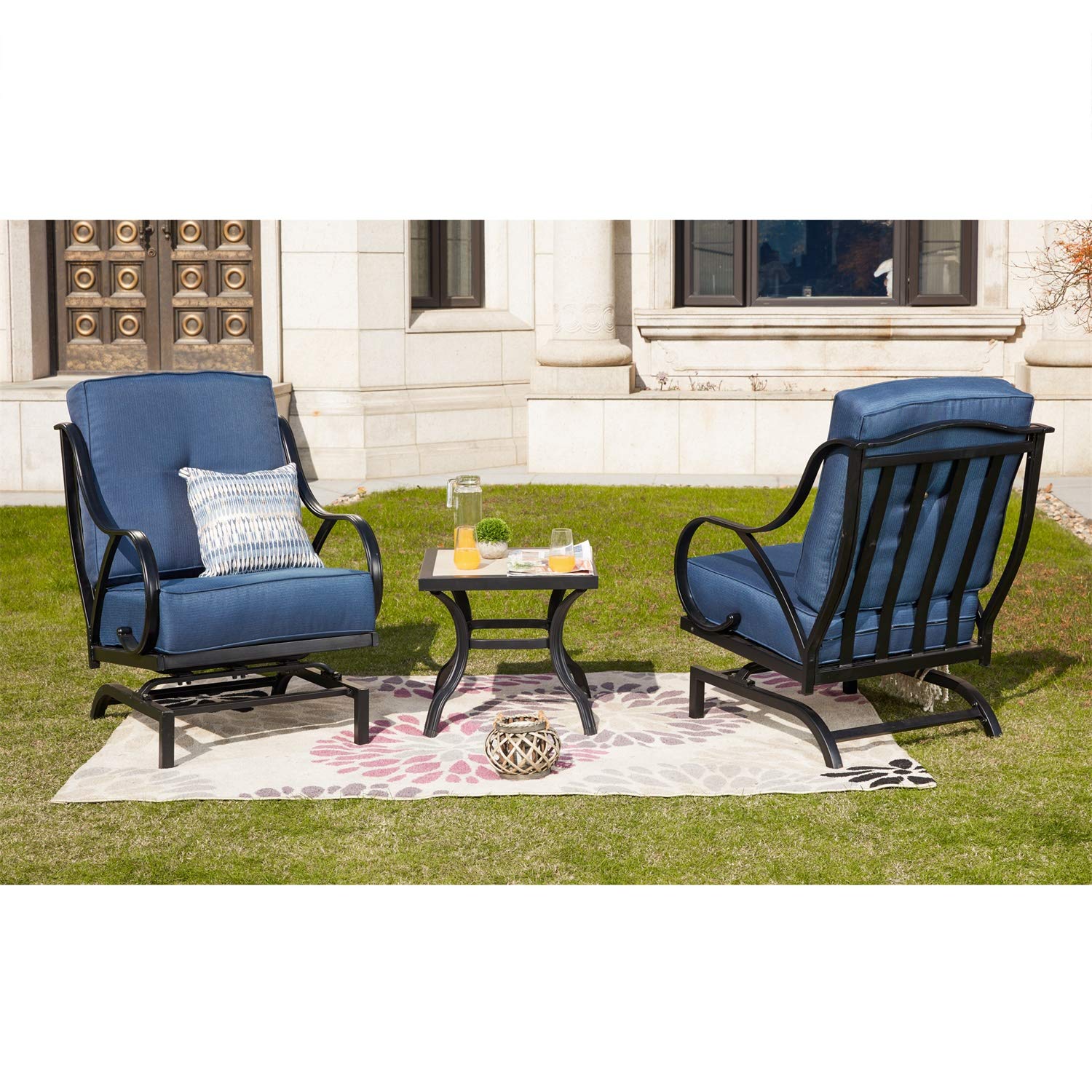PatioFestival 3-Piece Metal Outdoor Bistro Set with Rocking Motion Deep Seating Chairs & Coffee Table - Blue Patio Furniture for Garden, Poolside, Yard & Backyard Relaxation