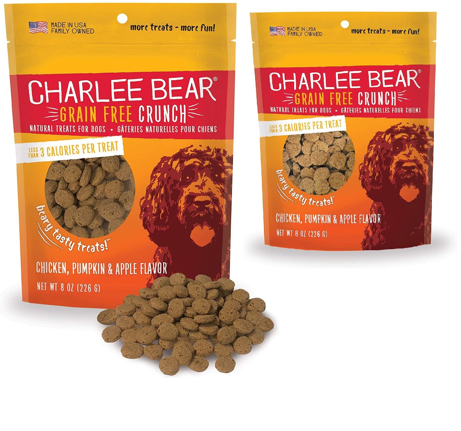 Charlee Bear Natural Dog Training Treats - Grain Free, Low Calorie Crunchy Snacks for Small, Medium & Large Dogs - Made in USA with Chicken, Pumpkin & Apple - 2 Pack (8oz Each) - Perfect for Obedience Training & Positive Reinforcement Rewards